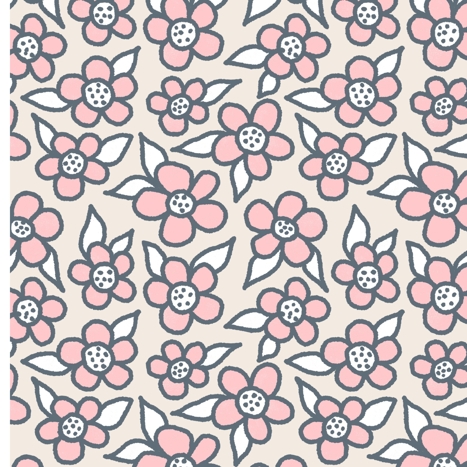 Pattern of pink flowers with white and black centers, outlined in dark gray, with leaves on a light beige background.