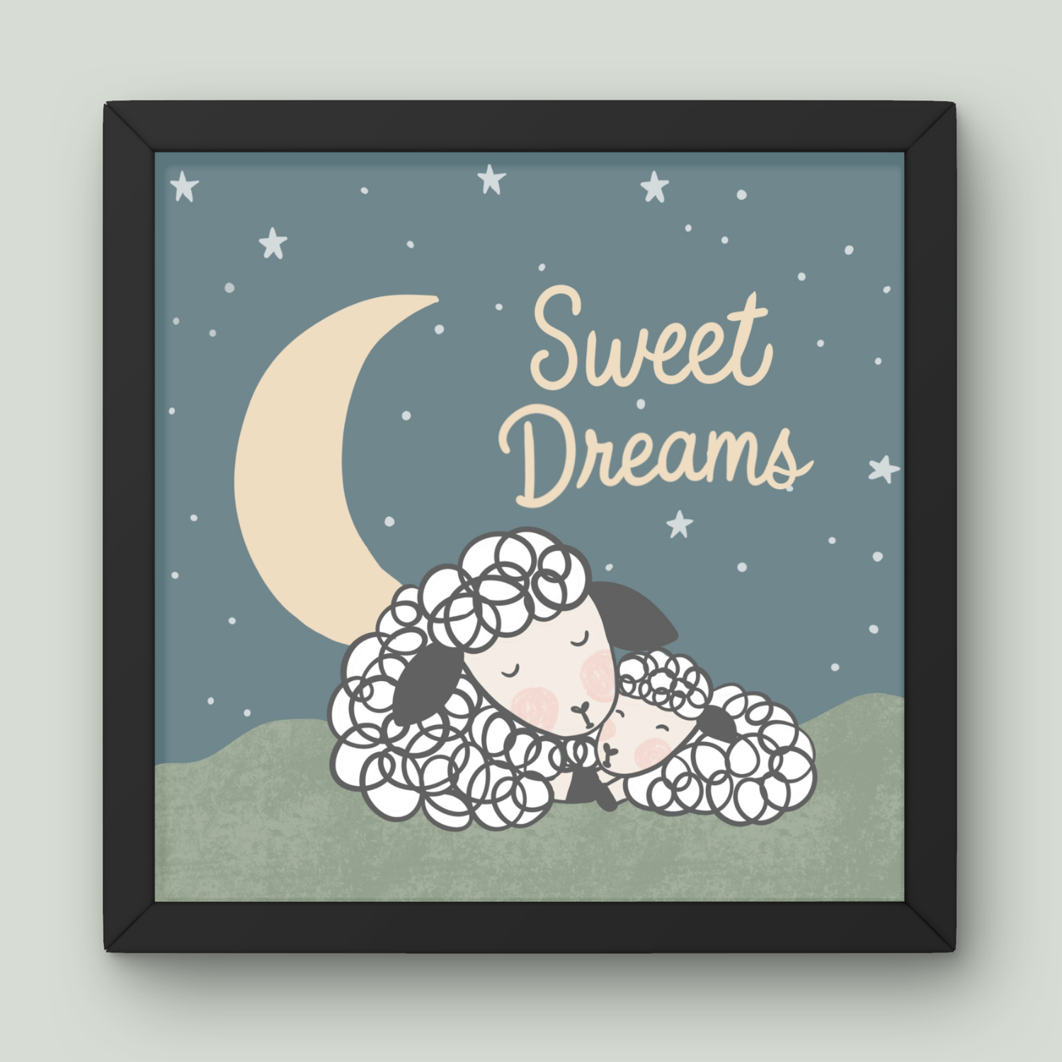 Framed illustration of two sheep cuddling under a crescent moon with the words "Sweet Dreams" and a night sky background featuring stars.