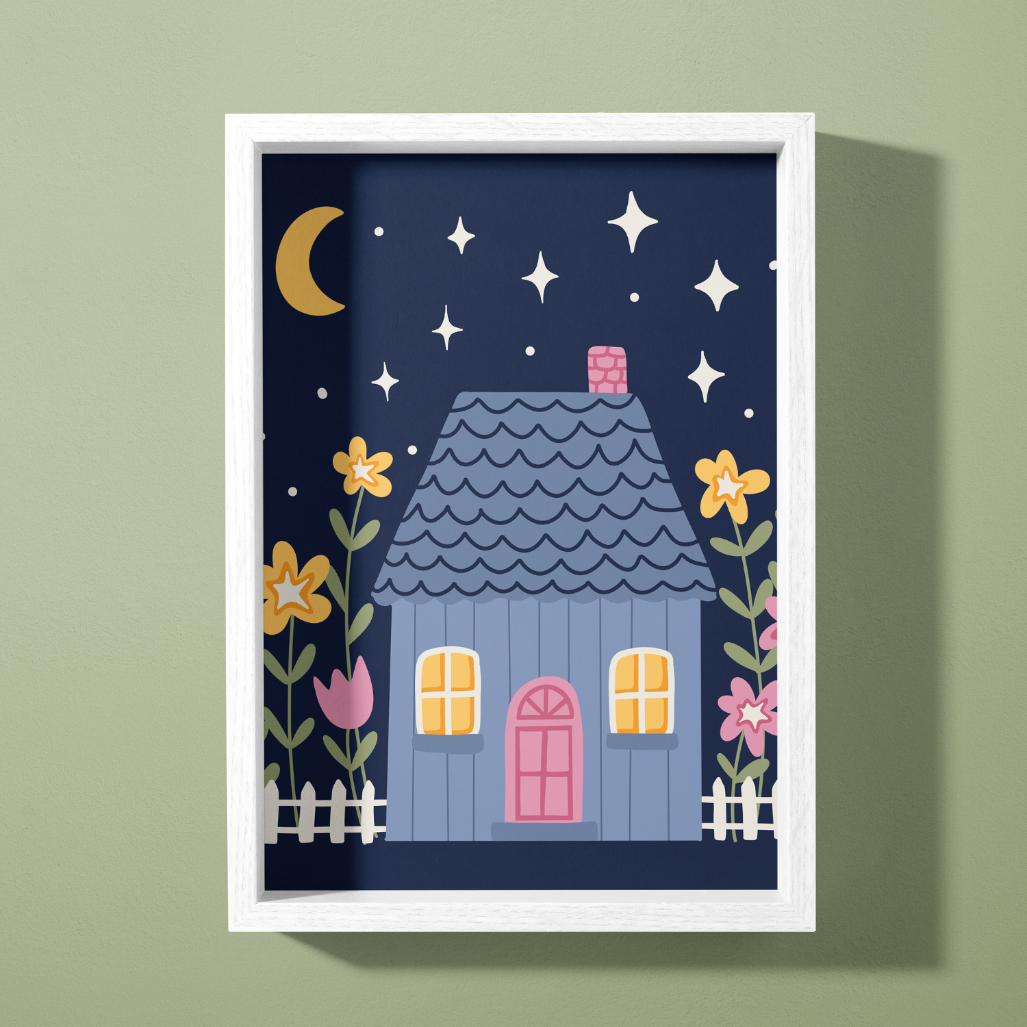 Children's wall art depicting a night scene with a blue house, yellow windows, pink door, surrounded by pink and yellow flowers, under a starry sky with a crescent moon.