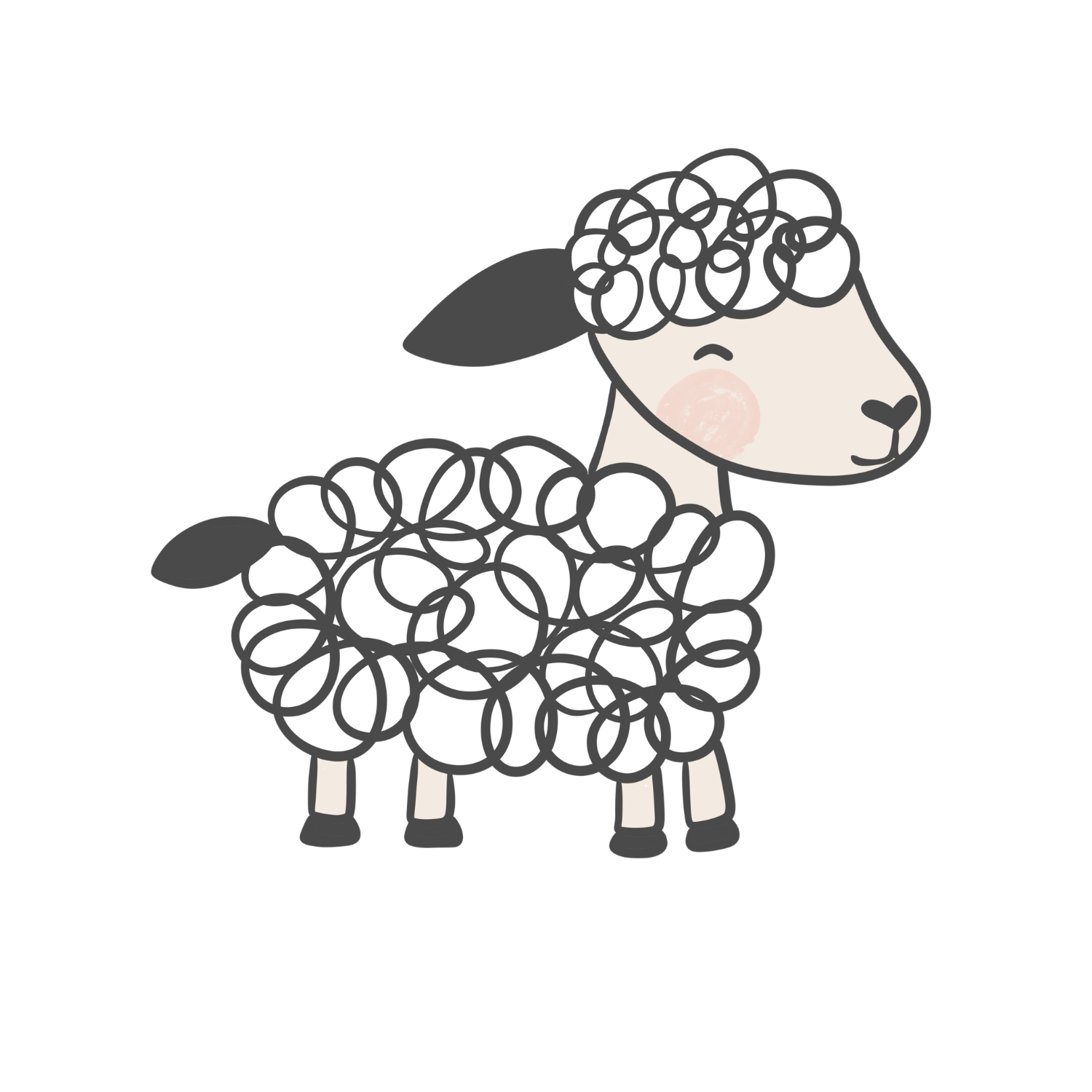 A cartoon sheep with a curly wool coat, black face, and small black hooves, standing on a plain white background.