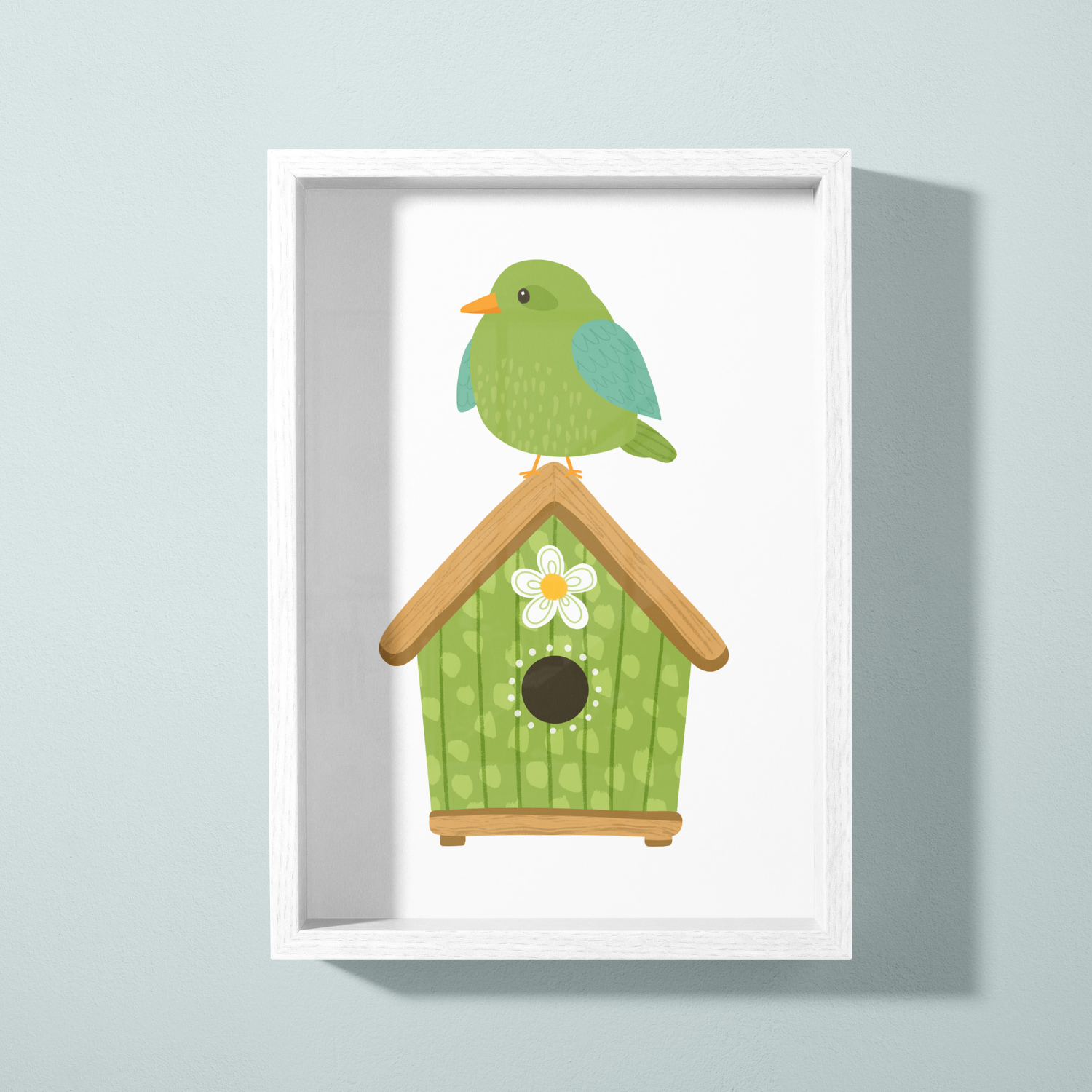 Colorful illustration of a birdhouse with a green and brown design and a white flower decoration, topped with a green bird with blue wings and an orange beak.