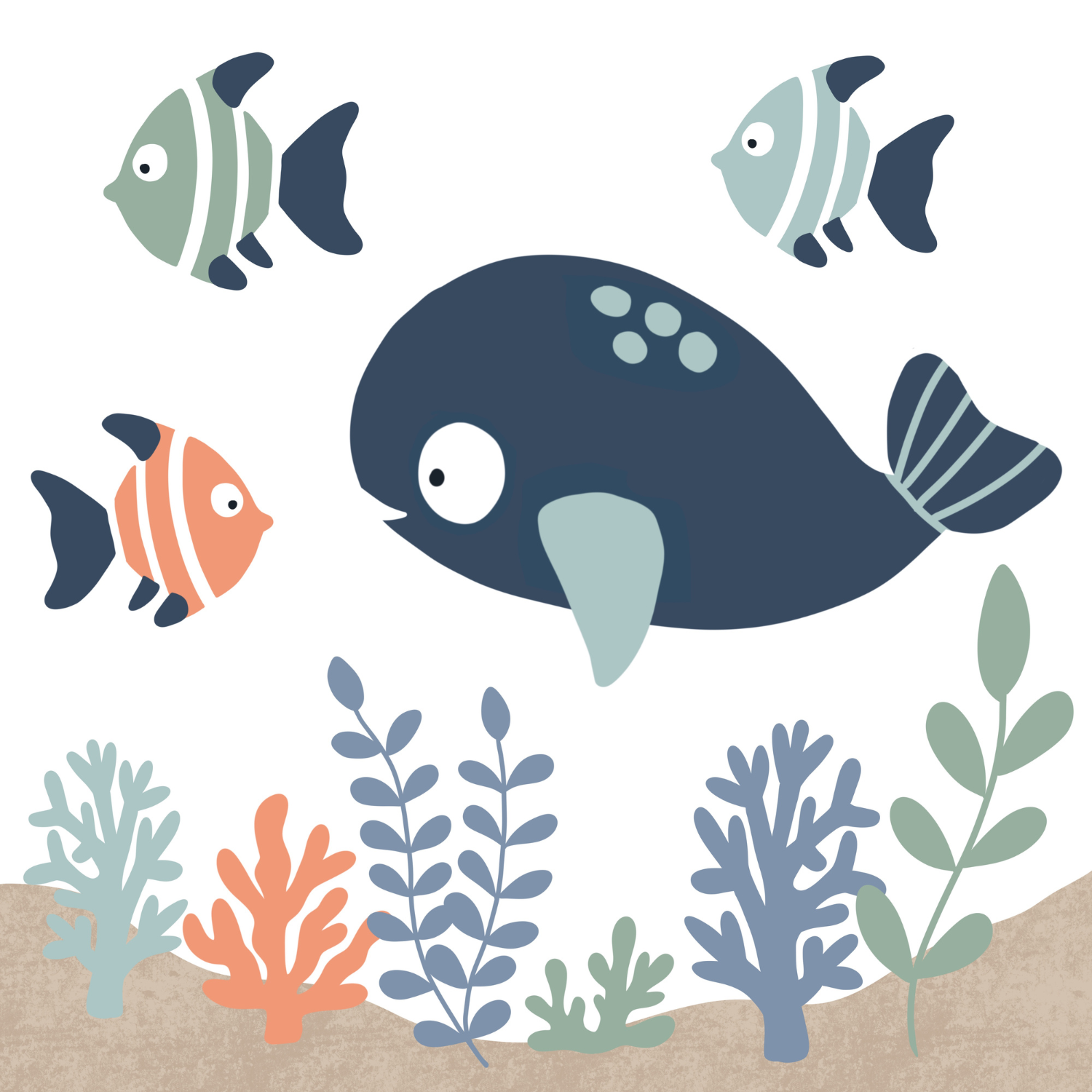 Illustration of a large dark blue fish with light blue fins and spots, surrounded by three smaller fish with striped patterns, all in an underwater scene with colorful coral and aquatic plants.
