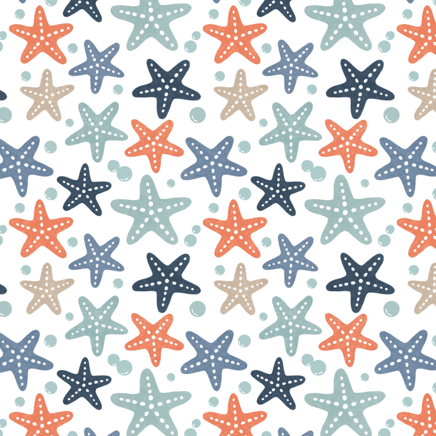 Pattern of starfish in orange, blue, beige, and teal colors with small bubbles on a white background.
