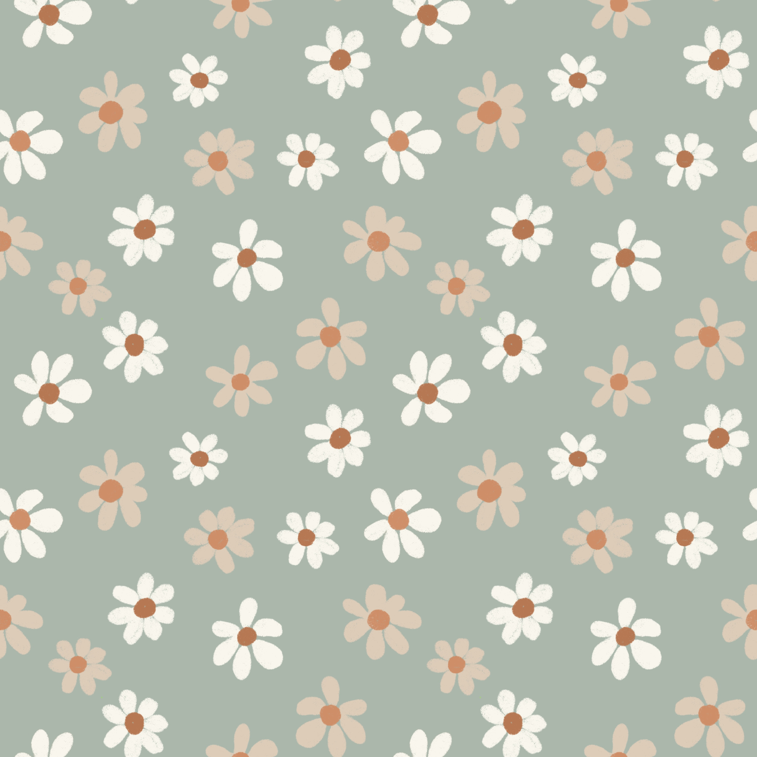 Pattern of white and cream daisies with brown centers on a muted green background.