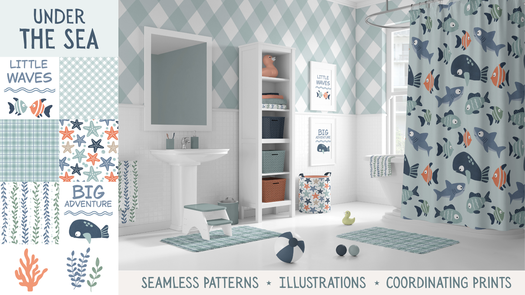 A bathroom with underwater sea-themed decor, including a shower curtain with fish and other sea creatures, framed artwork with sea animals and phrases like 'Little Waves' and 'Big Adventure,' matching pattern rugs, and various storage baskets in coordinating sea patterns.