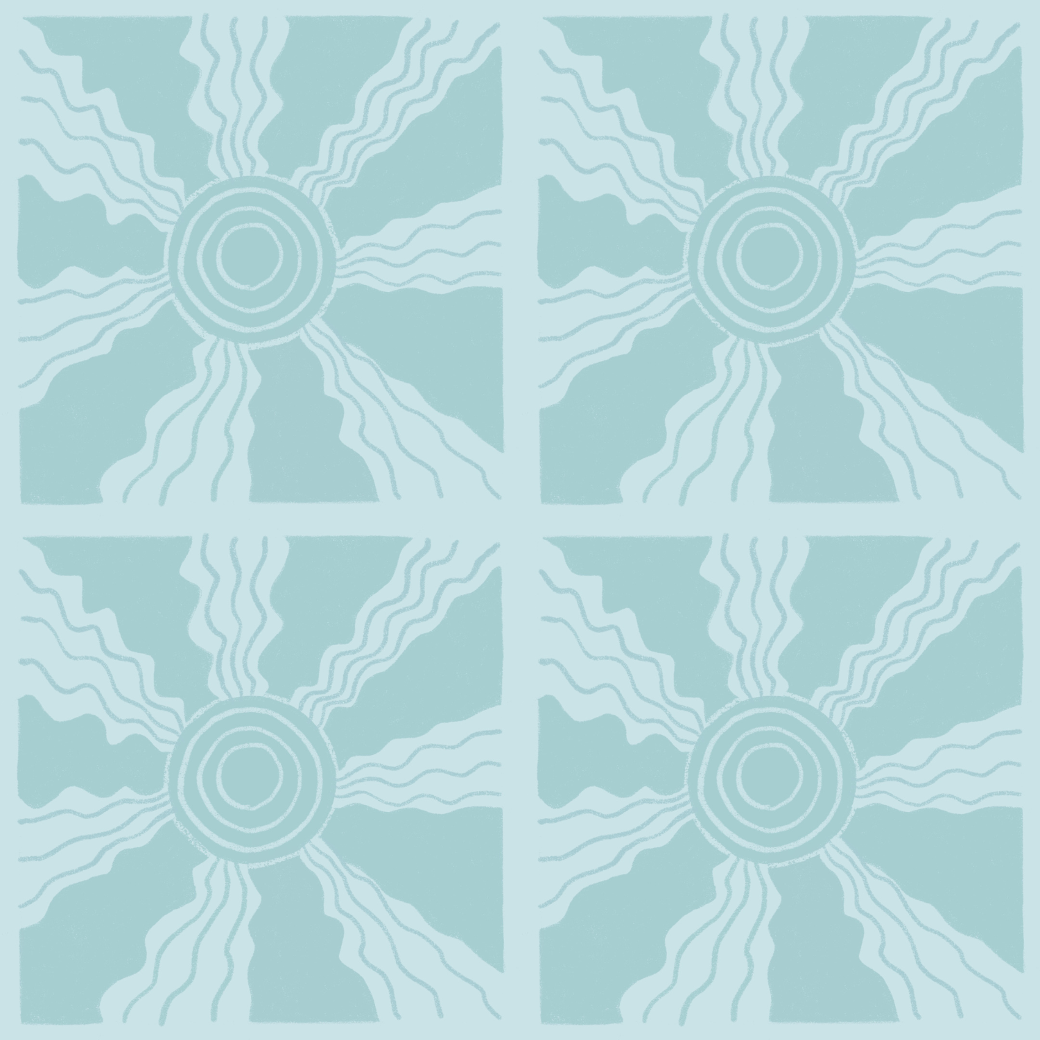 Light blue patterned tile featuring a circular design in the center with wavy lines radiating outward.