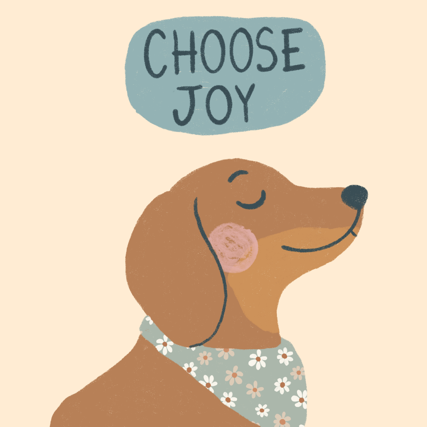 A cute illustrated brown dog with a flower-patterned bandana, smiling with eyes closed and one paw raised, with a speech bubble above saying "Choose Joy" in hand-drawn text.