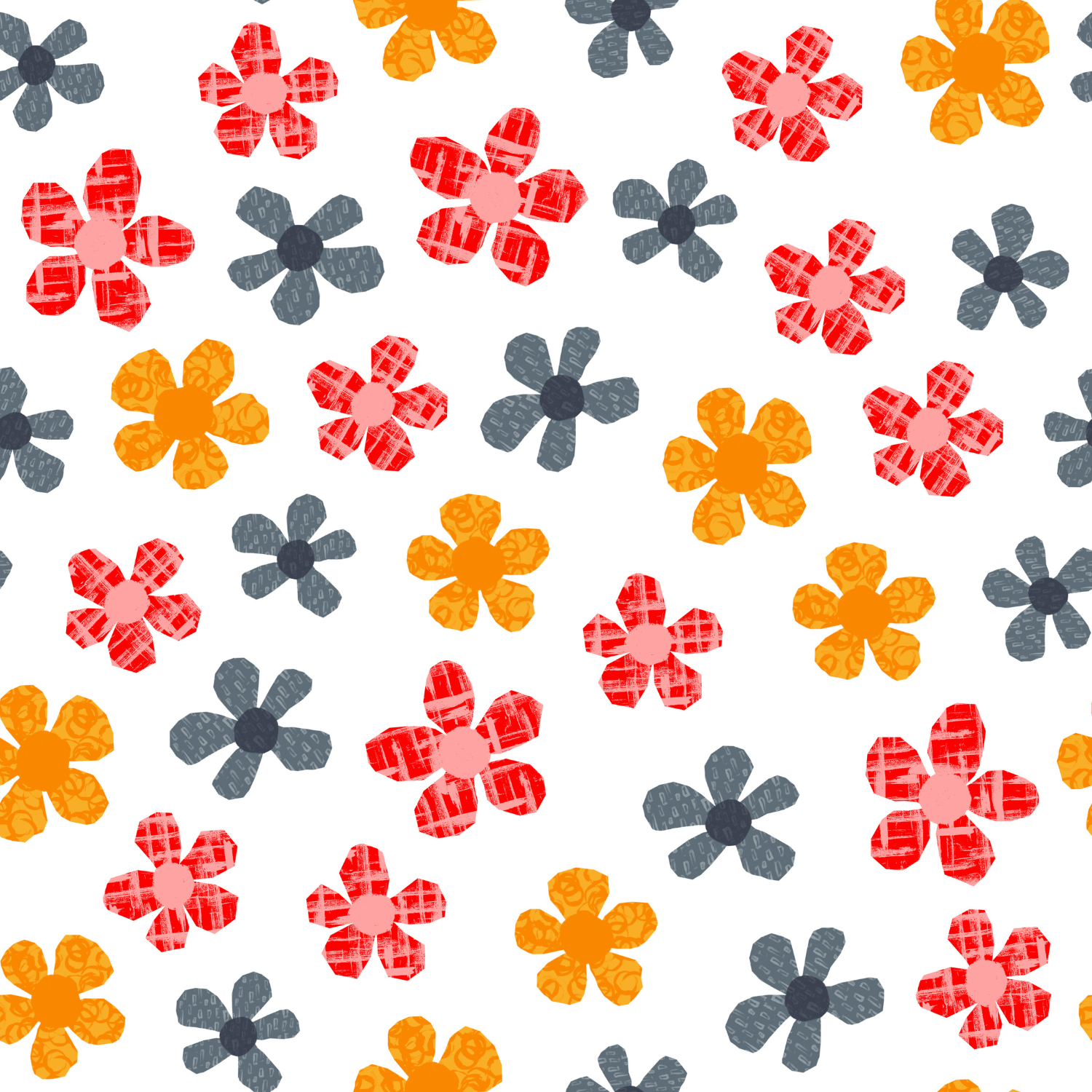 Pattern of stylized flowers in red, orange, light pink, and dark gray on a white background.