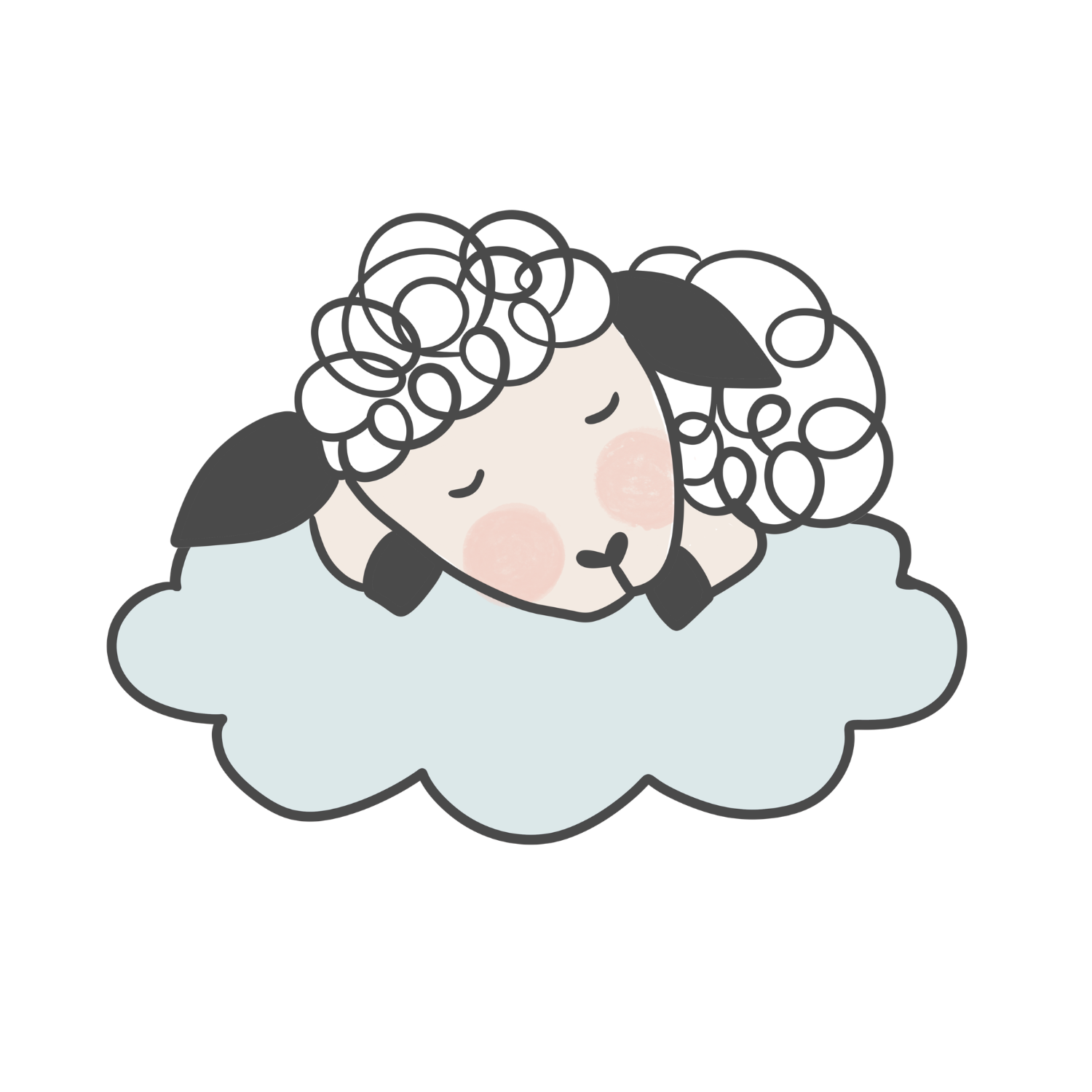 A cute illustration of a girl with curly hair sleeping on a cloud.