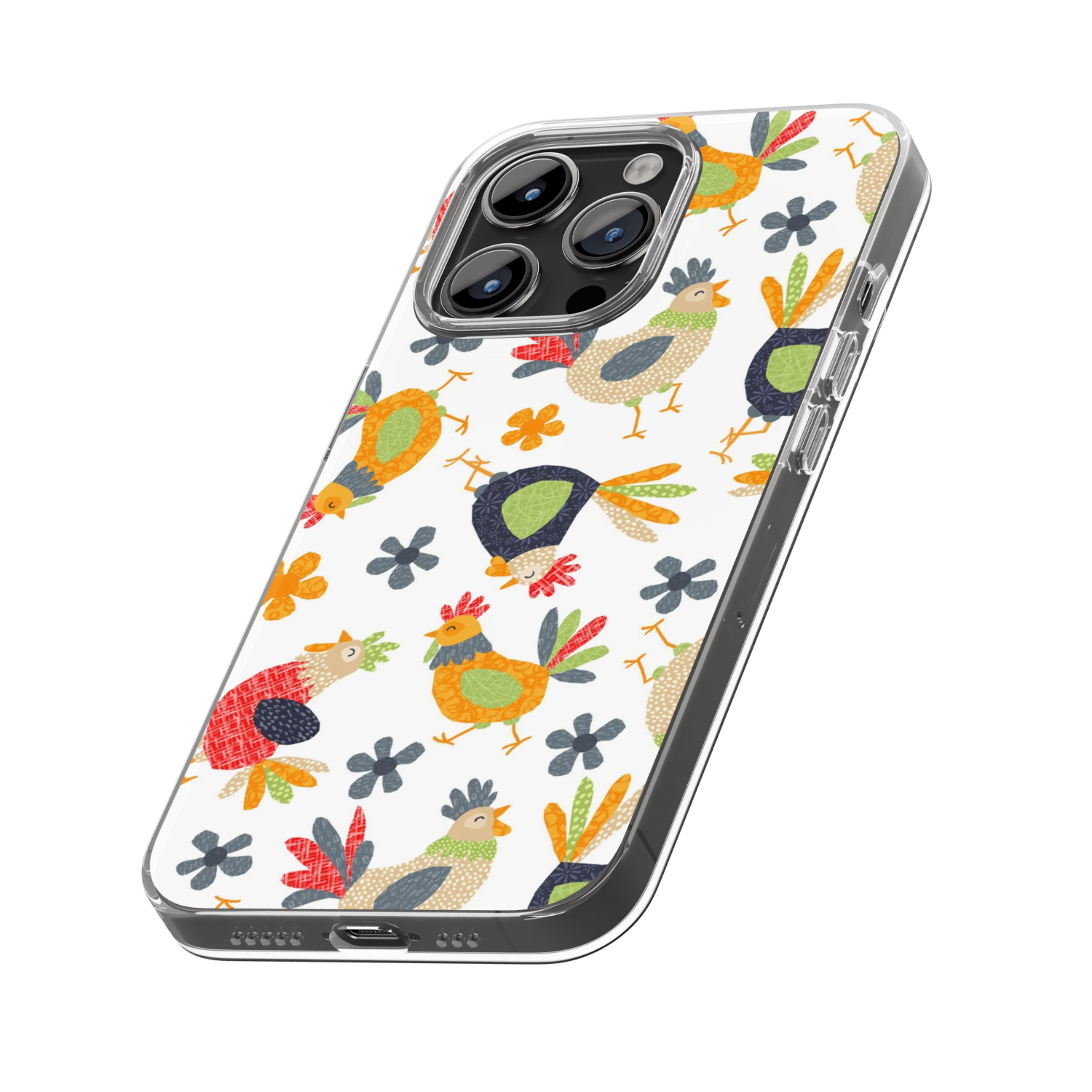 A smartphone with a colorful case featuring chickens, roosters, and flowers in a playful, folk-art style.