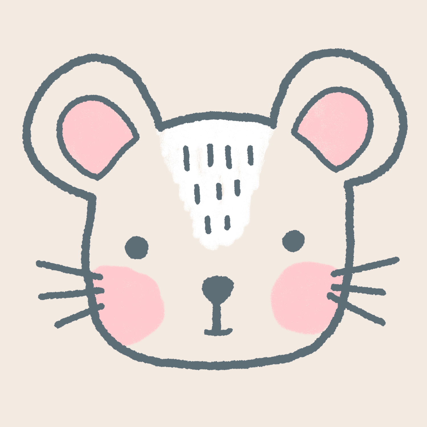A cute illustration of a mouse with a cat mask, pink cheeks, and whiskers, drawn in a simple, cartoon style with soft colors.