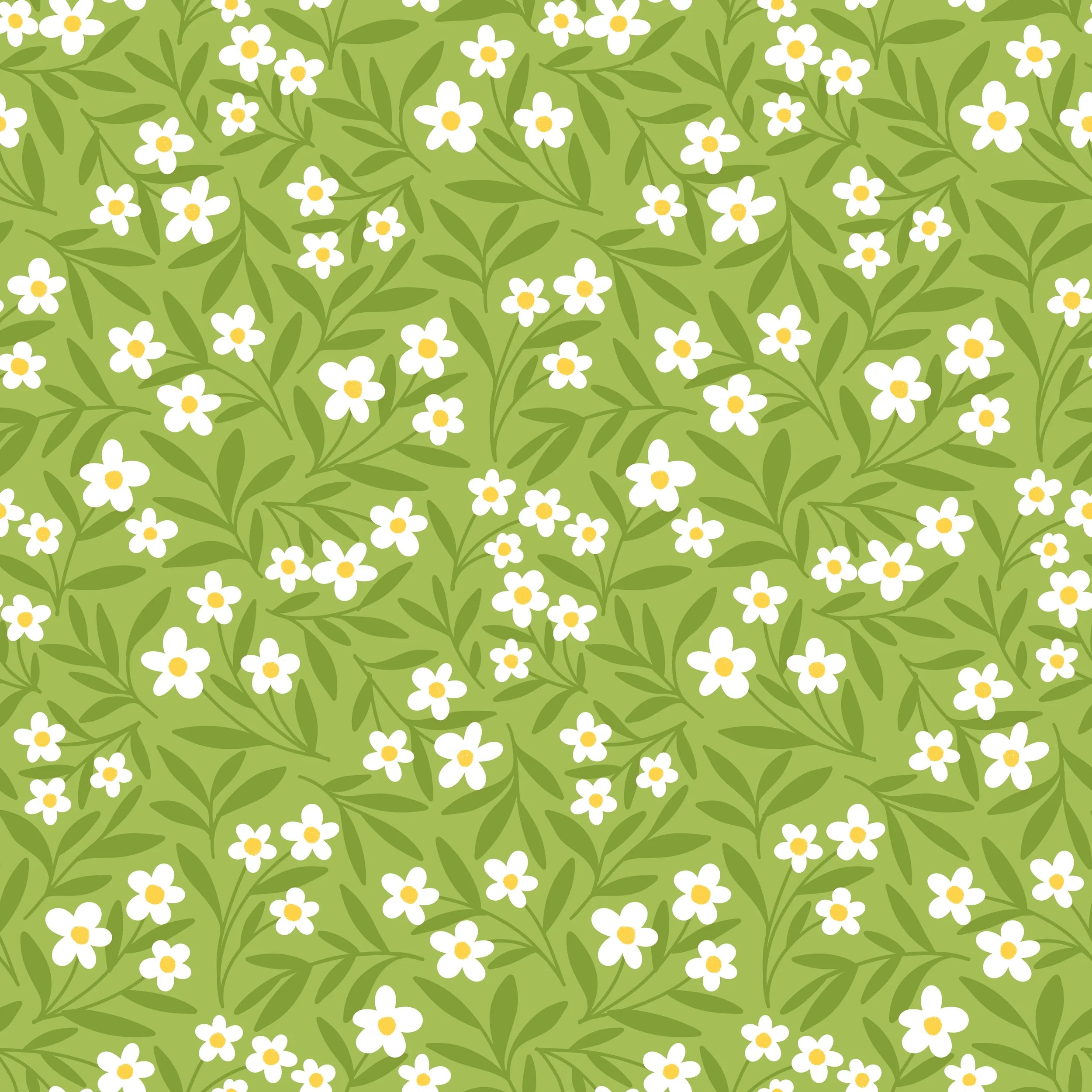 A pattern with white daisies with yellow centers and green leaves on a light green background.