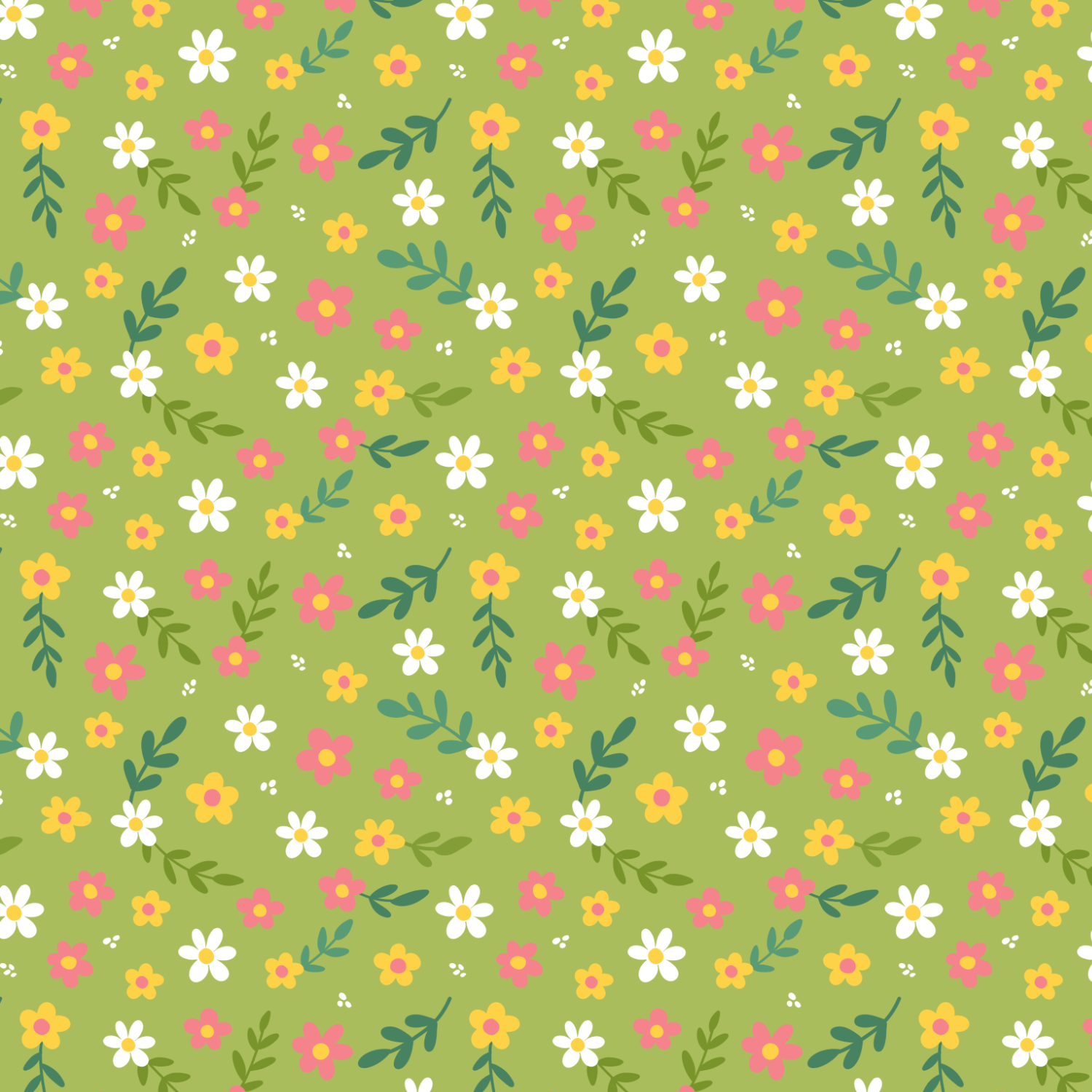 A repeating pattern of pink, yellow, and white flowers with green leaves on a light green background.