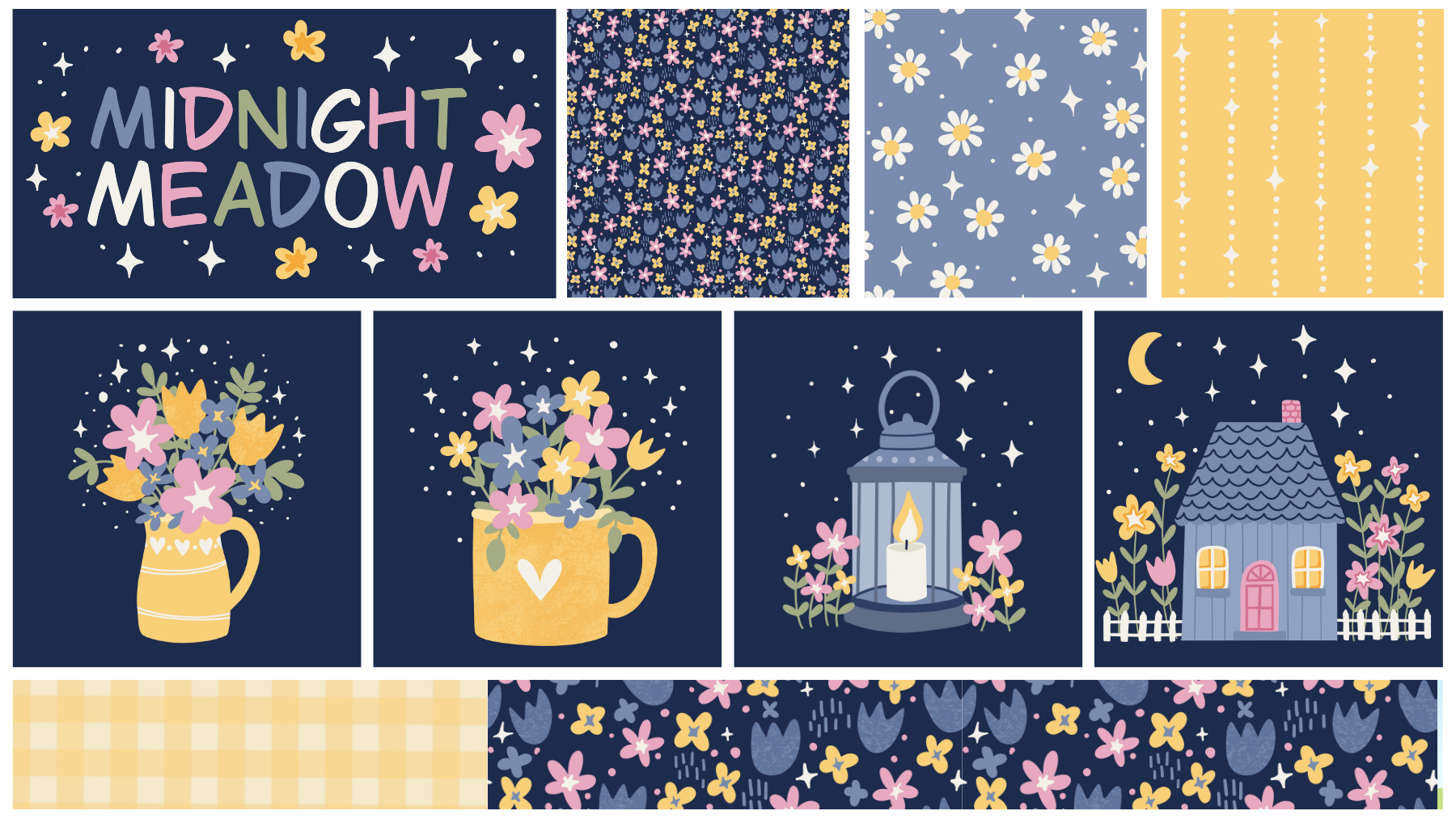 Collection of floral and nighttime-themed patterns in pastel colors, including text that reads 'Midnight Meadow,' illustrations of flowers in vases and jars, a lantern with a candle, and a house with flowers outside under a night sky.