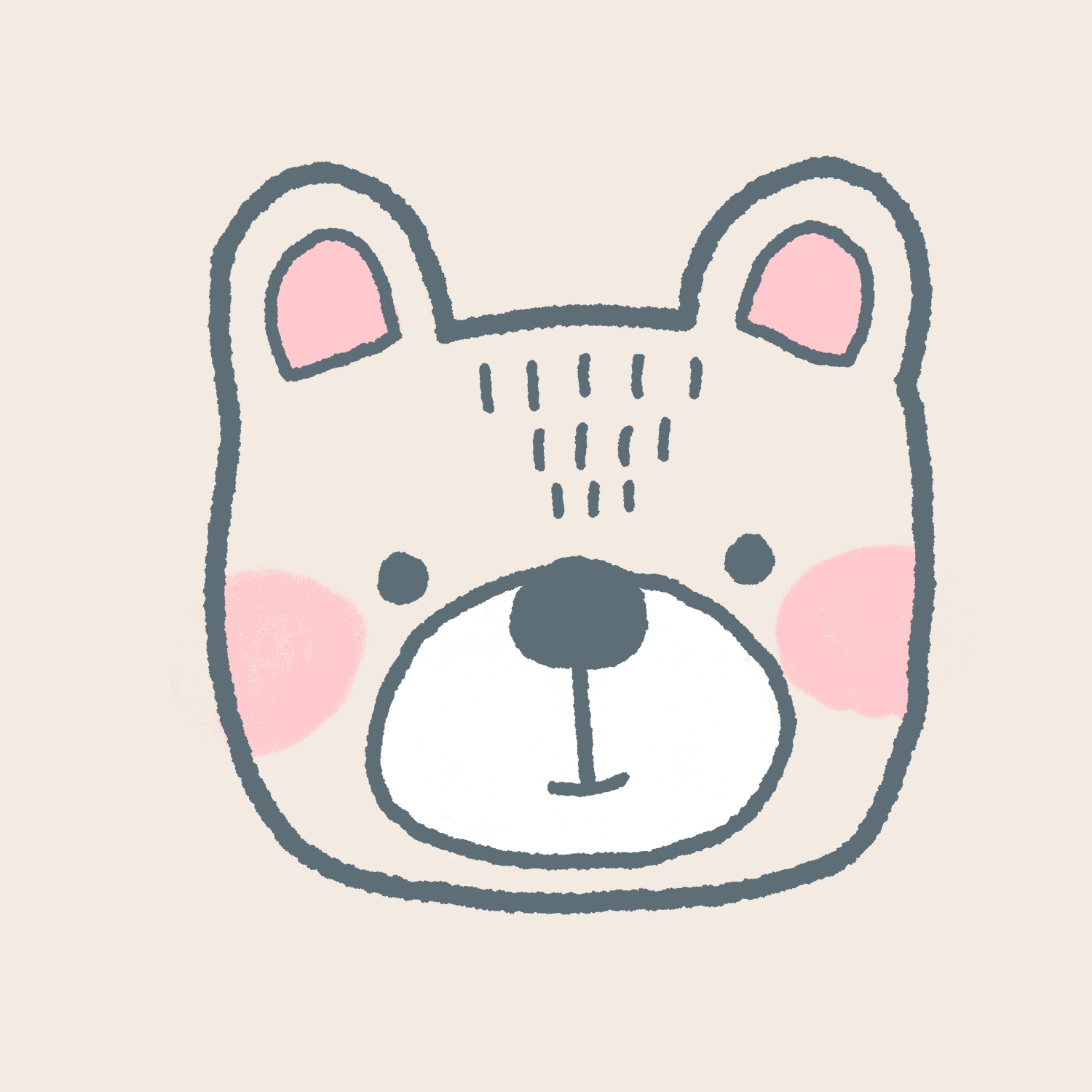 A cute, cartoon-style drawing of a dog's face with pink cheeks, pink ears, and black nose, on a light beige background.
