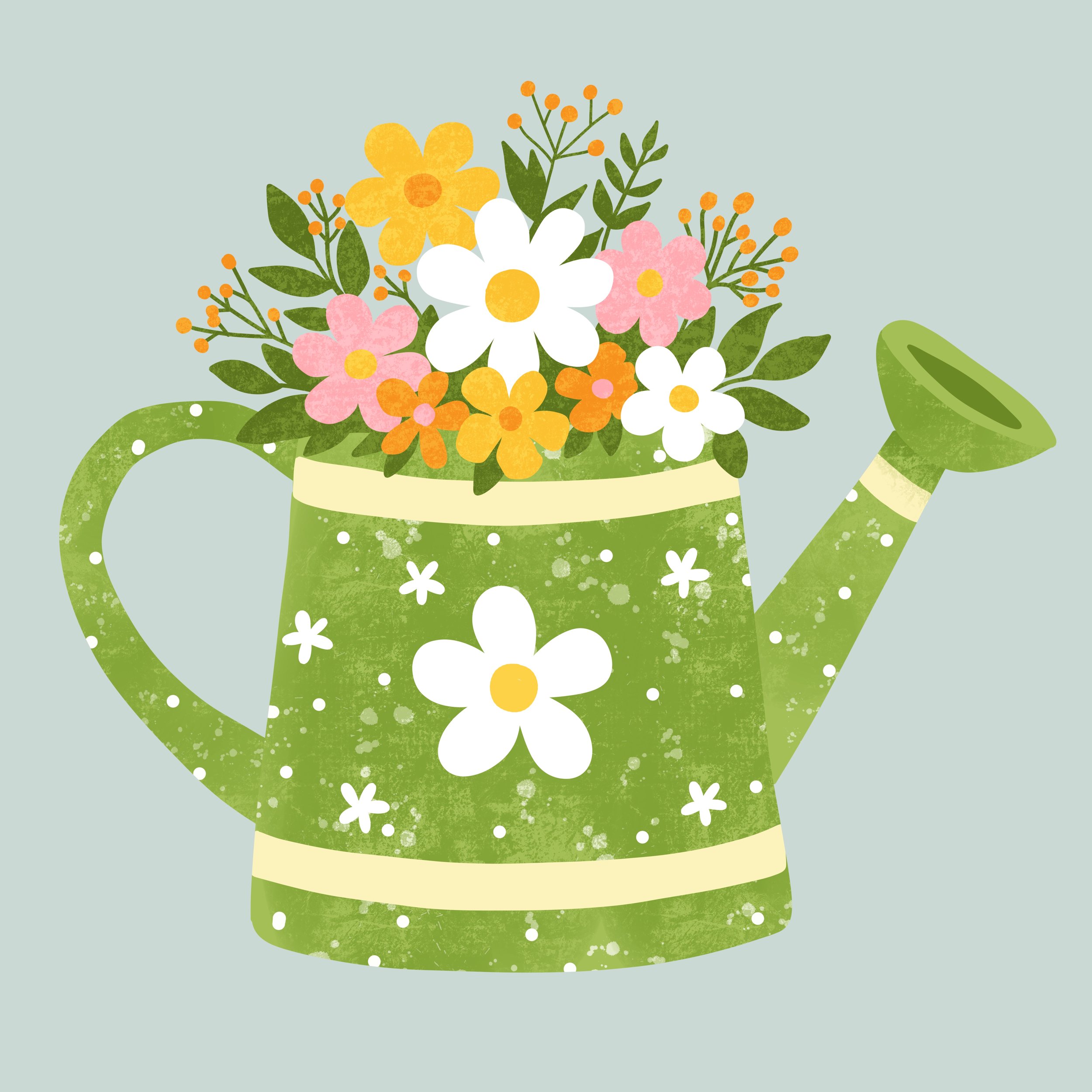 Illustration of a green watering can with white floral designs, filled with a bouquet of colorful flowers including yellow, pink, and white blossoms with green leaves, on a light background.