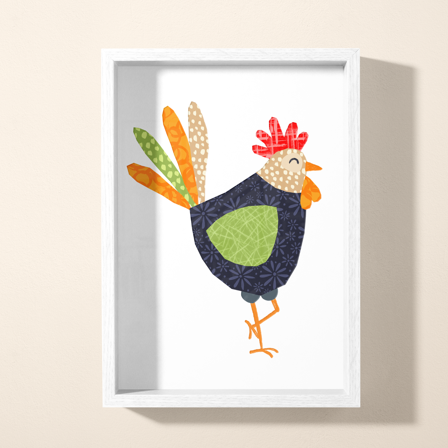 Colorful collage of a cartoon chicken with bright red comb, orange beak and legs, black and blue patterned body, and green wing, standing on one leg, against a white background framed in white.