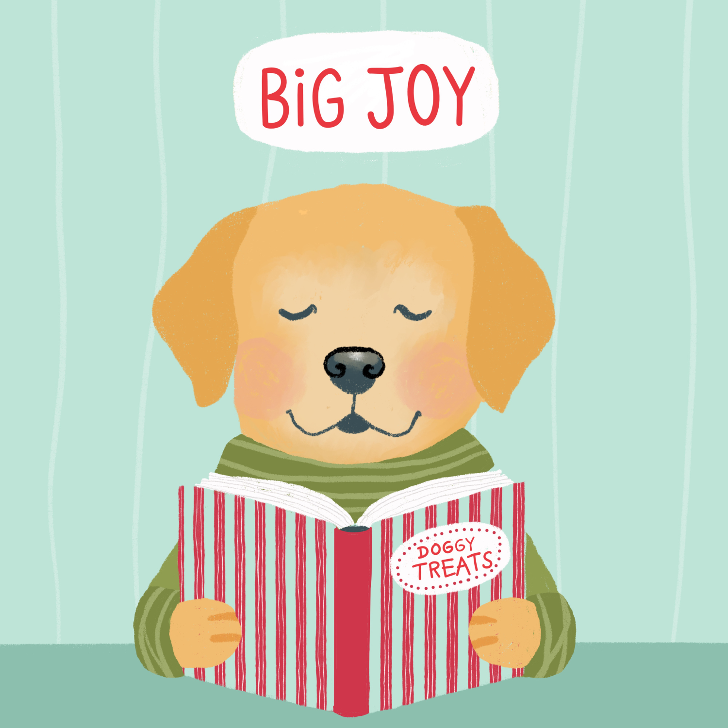 A cute illustrated dog with closed eyes and a big smile, wearing a green and white striped shirt, holding a red and white striped box with a label saying 'DOGGY TREATS,' reading a book titled 'BIG JOY' against a light green striped background.