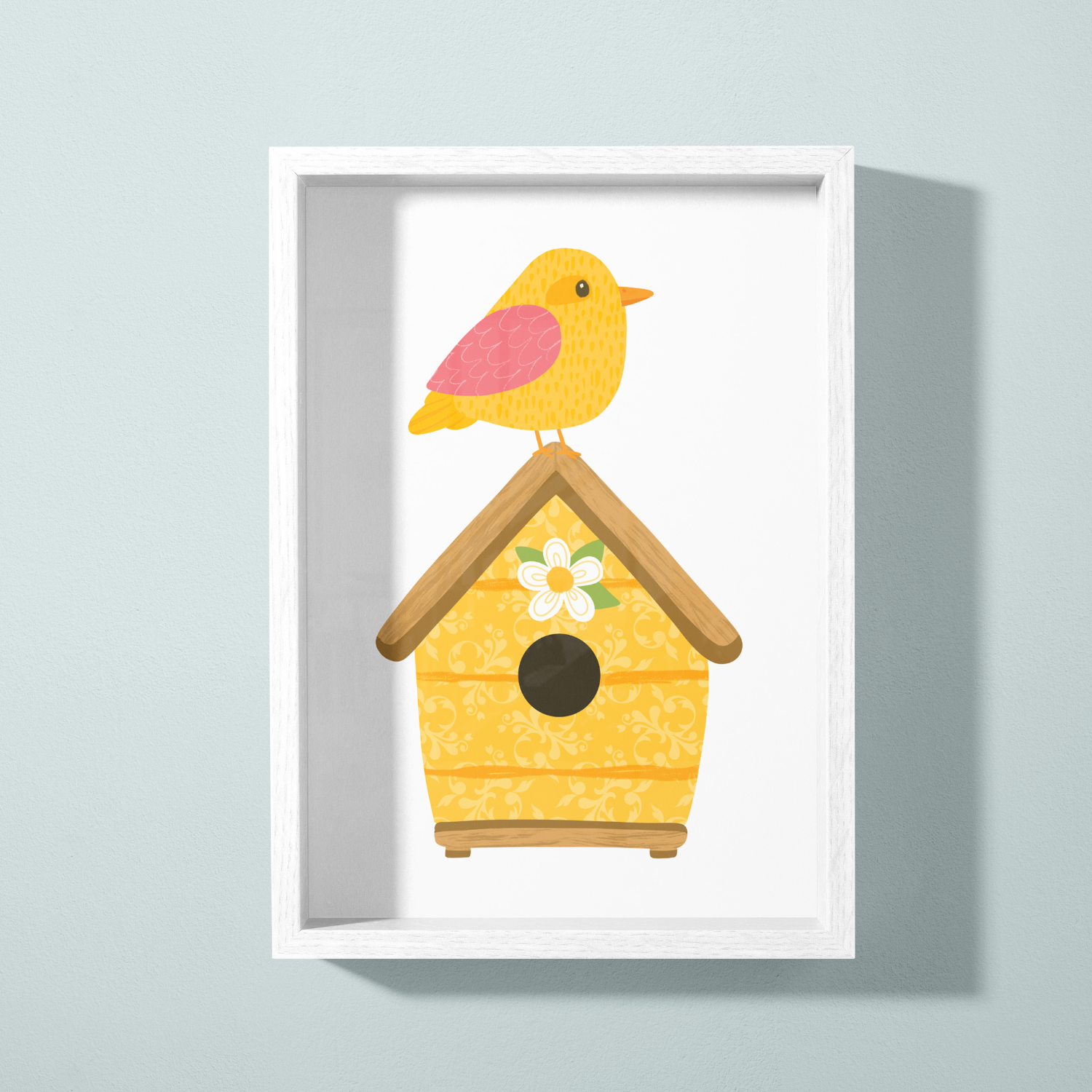 A colorful illustration of a birdhouse with a yellow bird perched on top. The birdhouse is yellow with a floral decoration and a circular entrance.