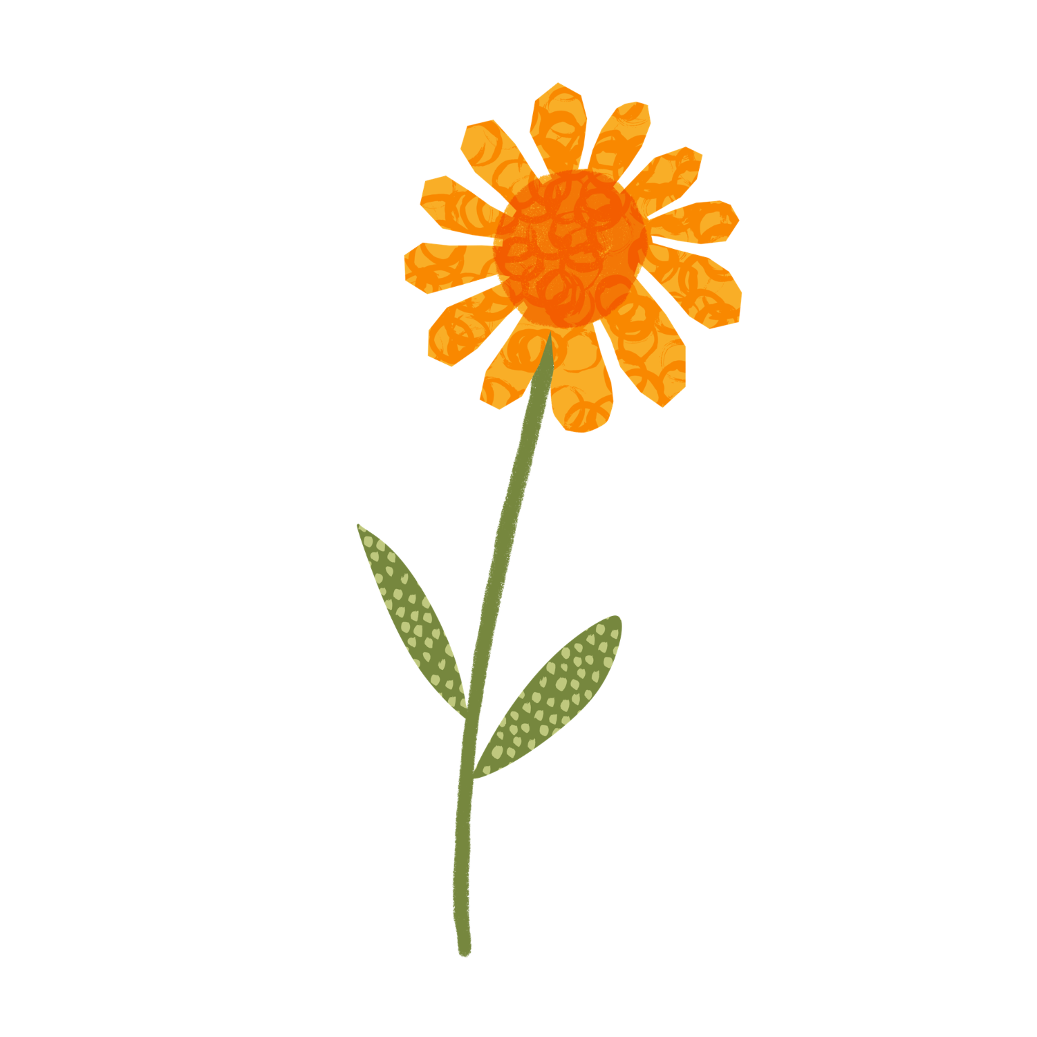 A stylized orange daisy with a round center and multiple elongated petals, a green stem, and two green leaves with dotted texture.