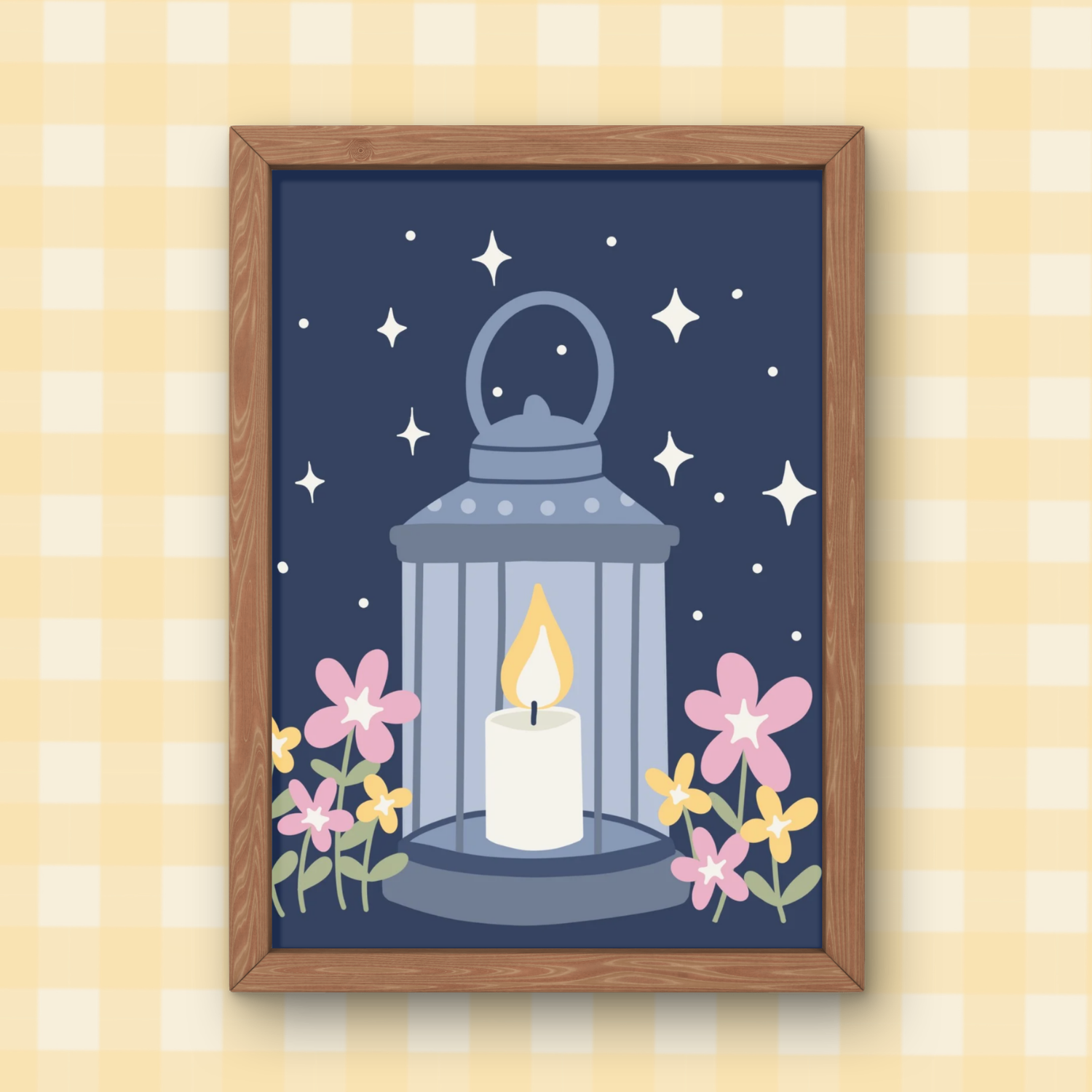 A framed illustration of a lantern with a candle inside, surrounded by pink and yellow flowers, stars, and sparkles on a dark blue background.