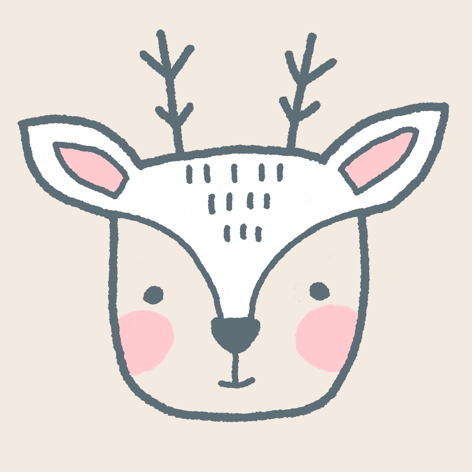A minimalist illustration of a deer's face with antlers, pink cheeks, large ears, and simple facial features, on a beige background.