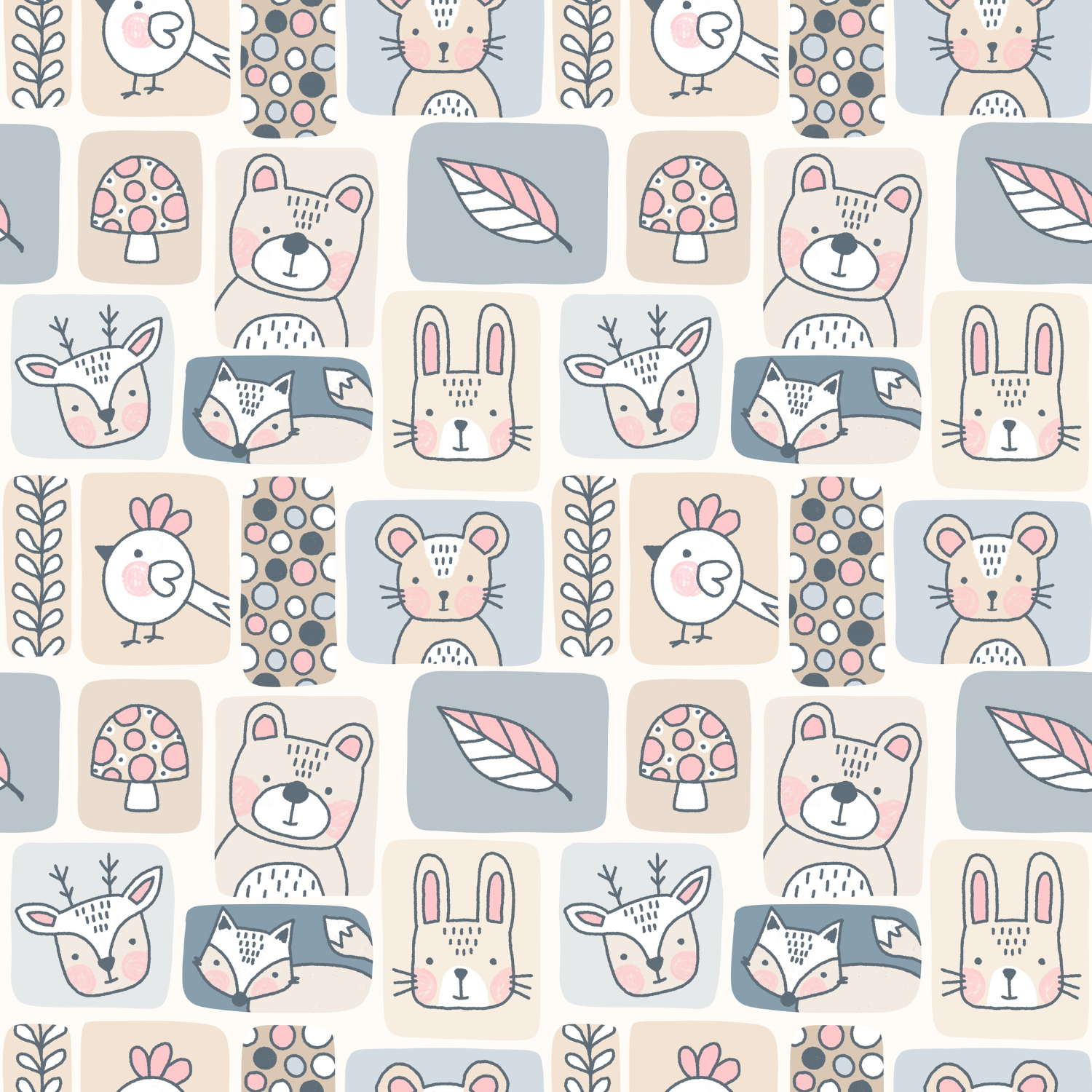 Pattern of cute, pastel-colored illustrations featuring animals like bears, rabbits, birds, deer, raccoons, mice, and foxes, along with leaves, mushrooms, and feathers on a soft background.