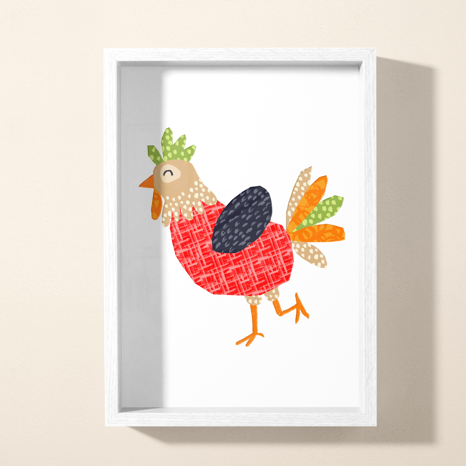A colorful illustrated chicken with patterned feathers, a red body, and a green crest, standing on one leg against a white background framed in a white border.