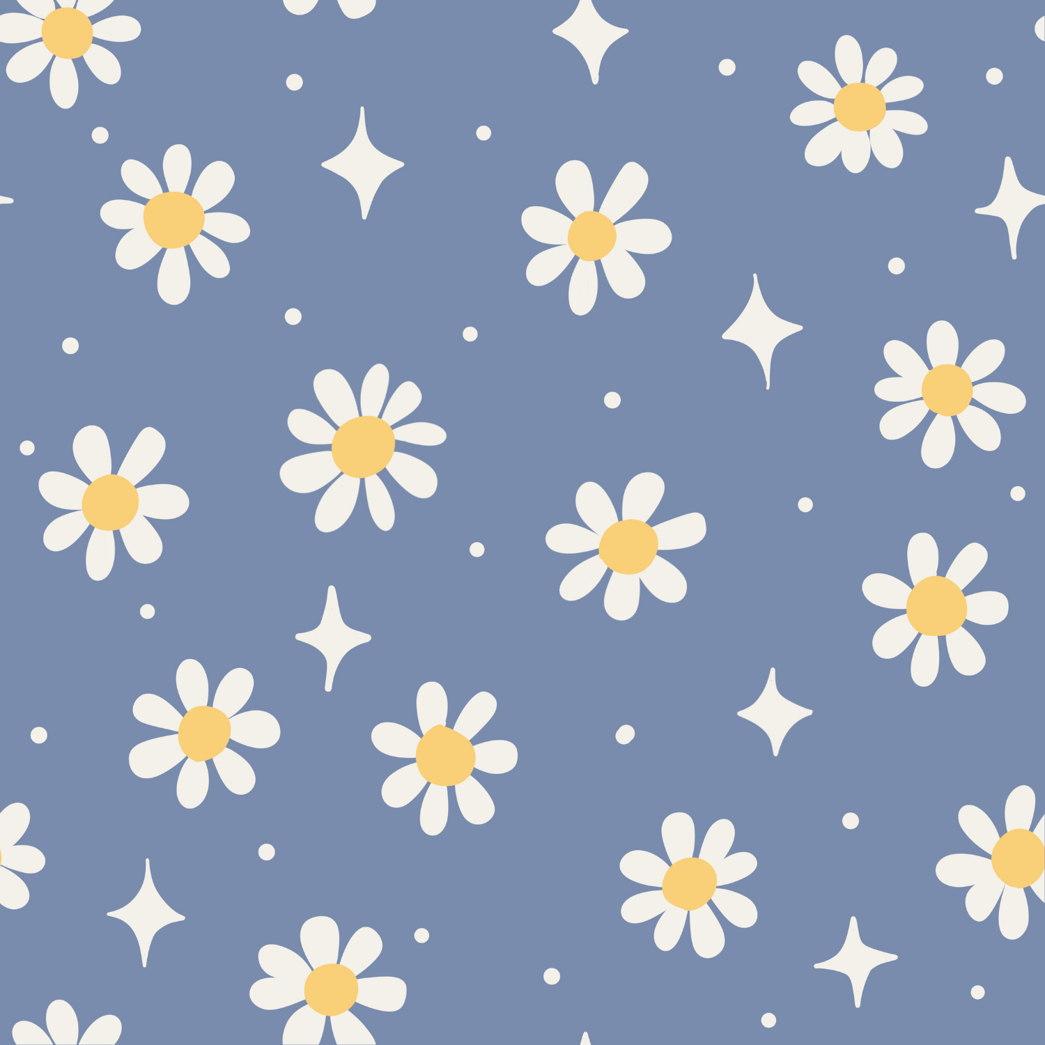 Pattern with white daisies featuring yellow centers, white stars, and small white dots on a blue background.