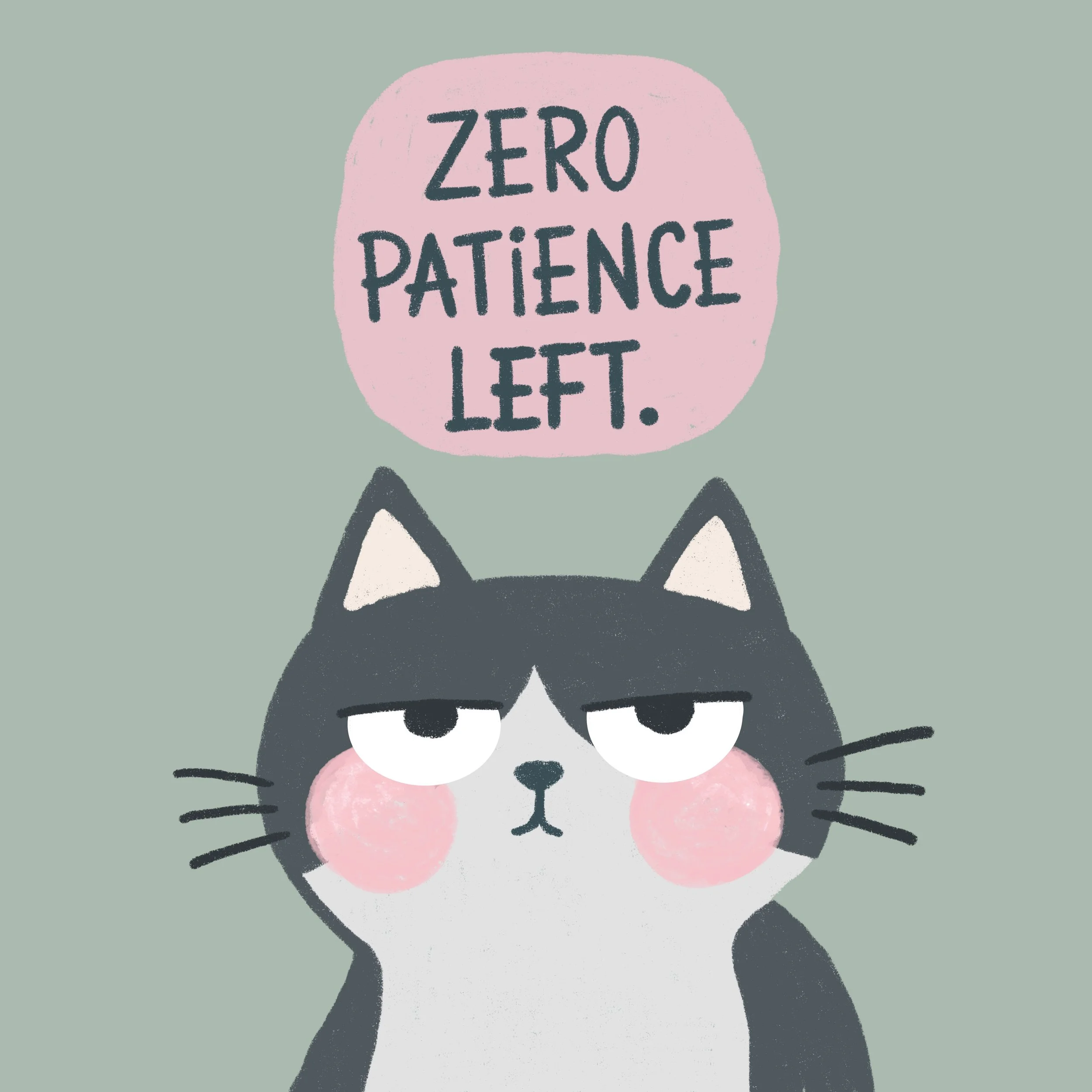 A cartoon drawing of a black and white cat with pink cheeks, wearing a pink speech bubble that says "Zero patience left."