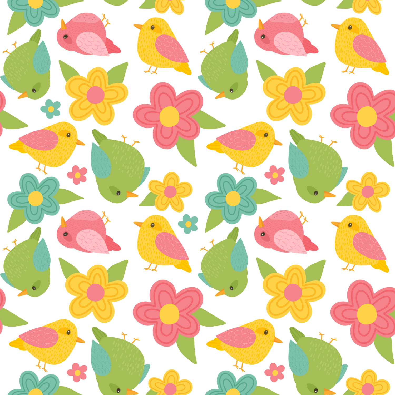 Pattern of colorful cartoon birds and flowers on a white background.