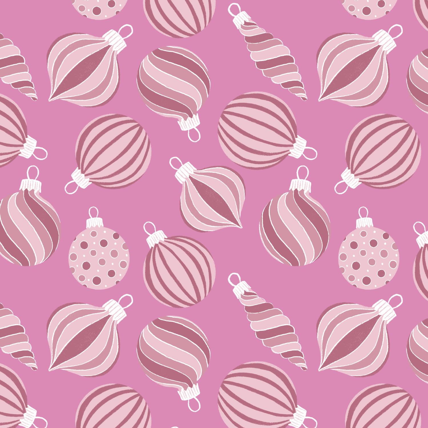 Pattern of pink and purple Christmas ornaments with stripes and polka dots on a pink background.