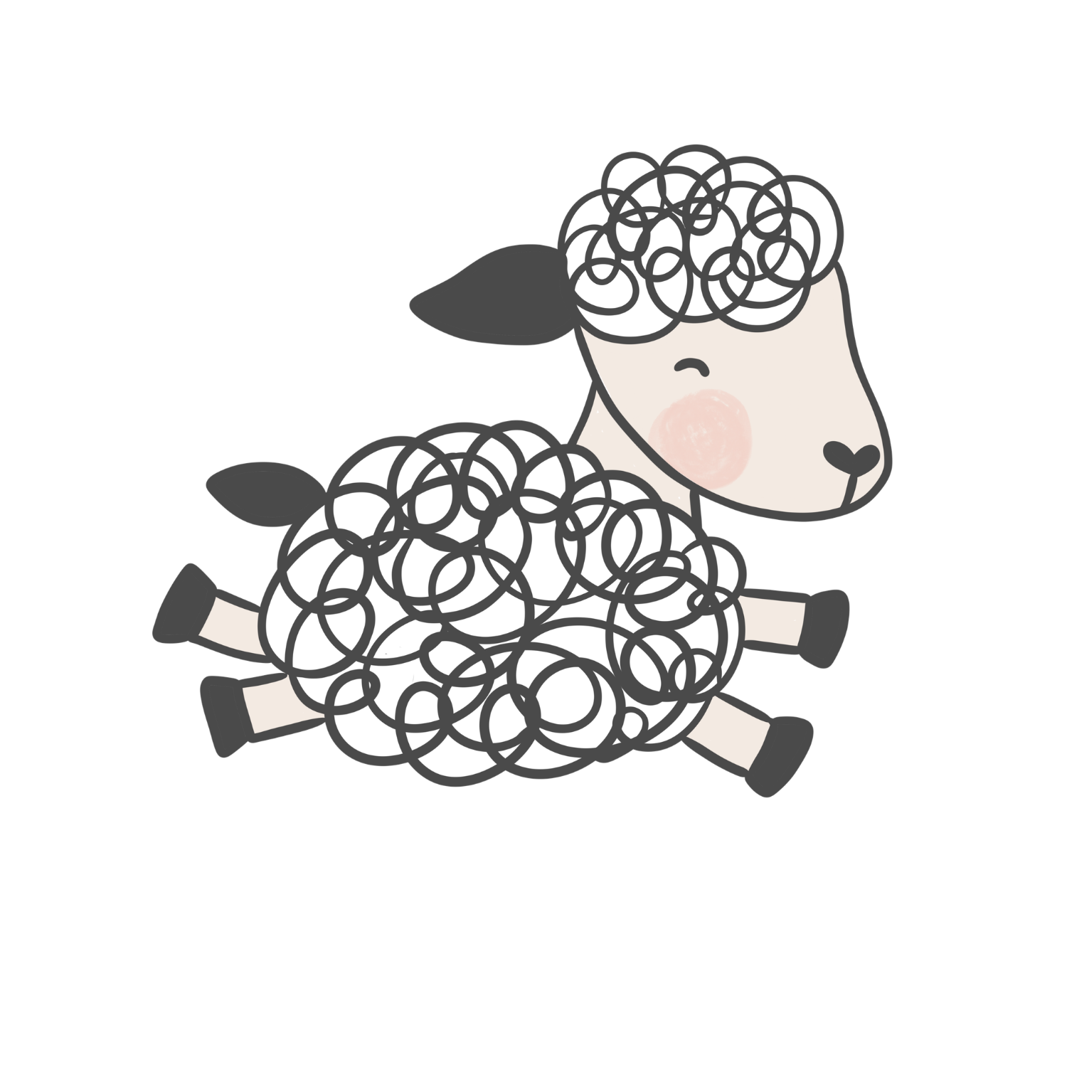 Cute illustration of a sheep with a fluffy body made of tangled black lines, sitting with legs stretched out, with a face showing blush and closed eyes, surrounded by white space.