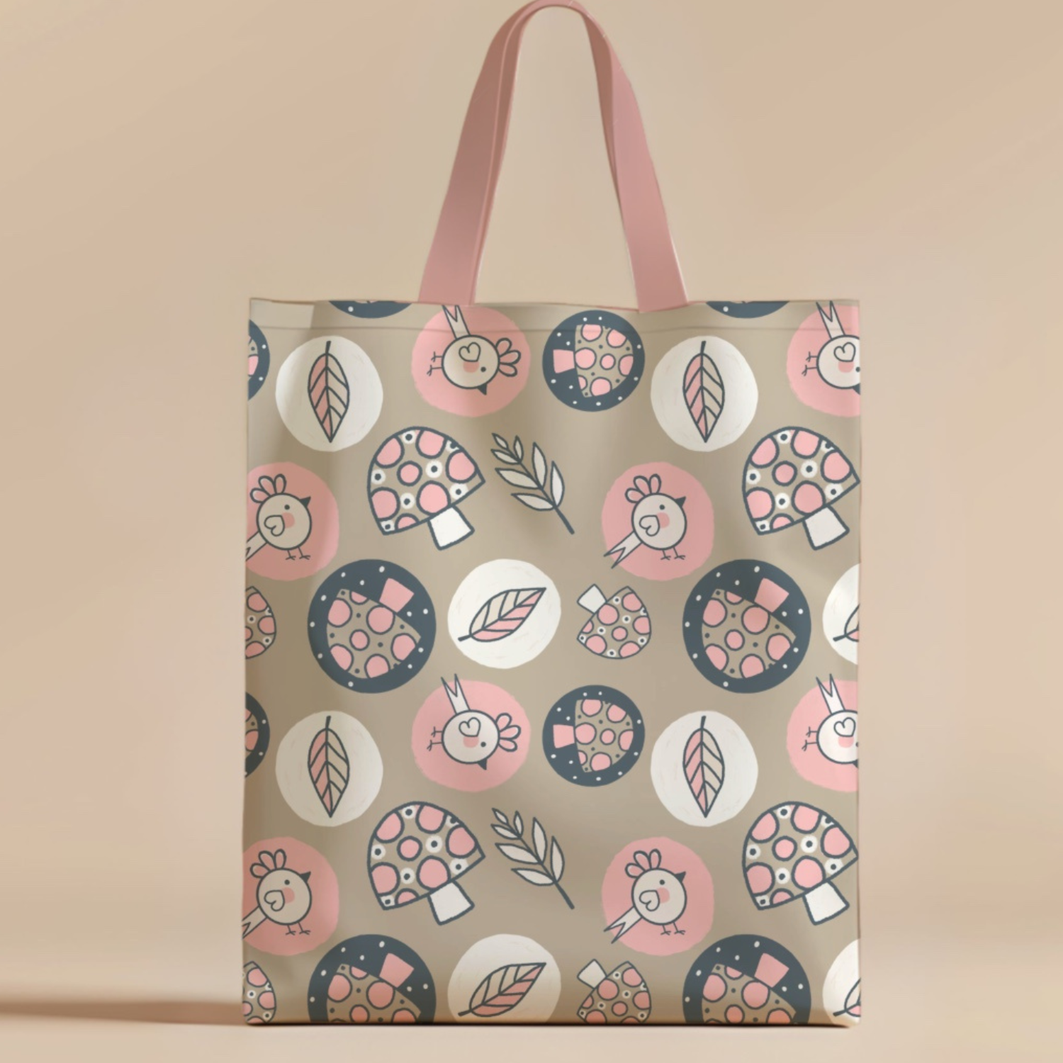 A beige gift bag with pink handles featuring a pattern of rabbits, mushrooms, leaves, and circles in pink, black, and cream colors.