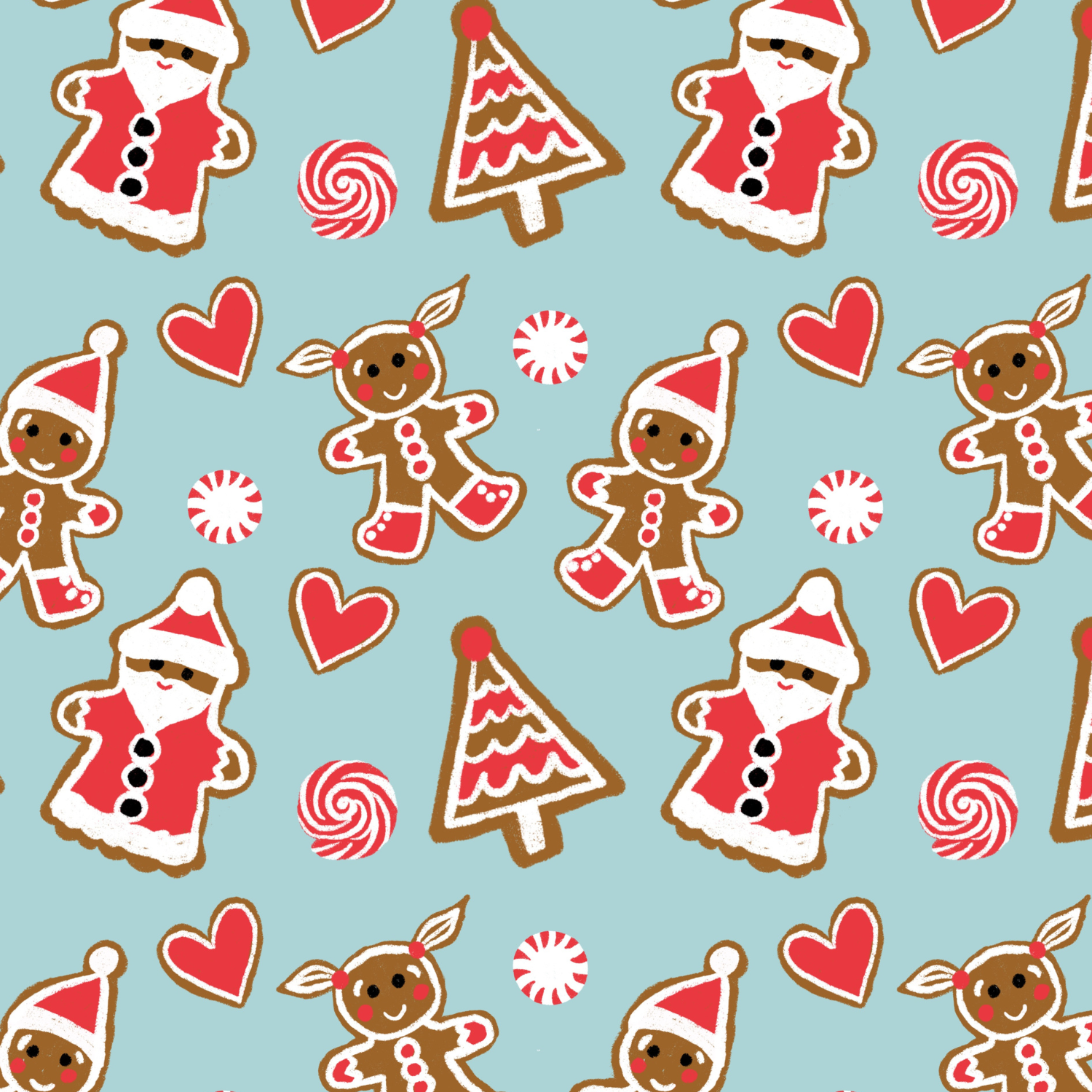 Pattern with cartoon Christmas-themed characters and symbols, including gingerbread people wearing Santa hats, Christmas trees, hearts, and peppermint candies on a light blue background.