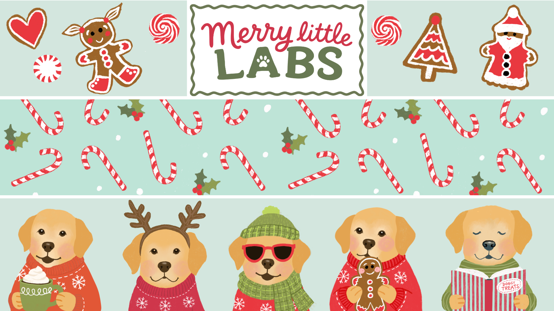 Christmas-themed illustration with four dogs wearing holiday sweaters, one with reindeer antlers, one with sunglasses and a green Christmas hat, one holding a gingerbread cookie, and one reading a holiday book, surrounded by candy canes, holly, and festive decorations.