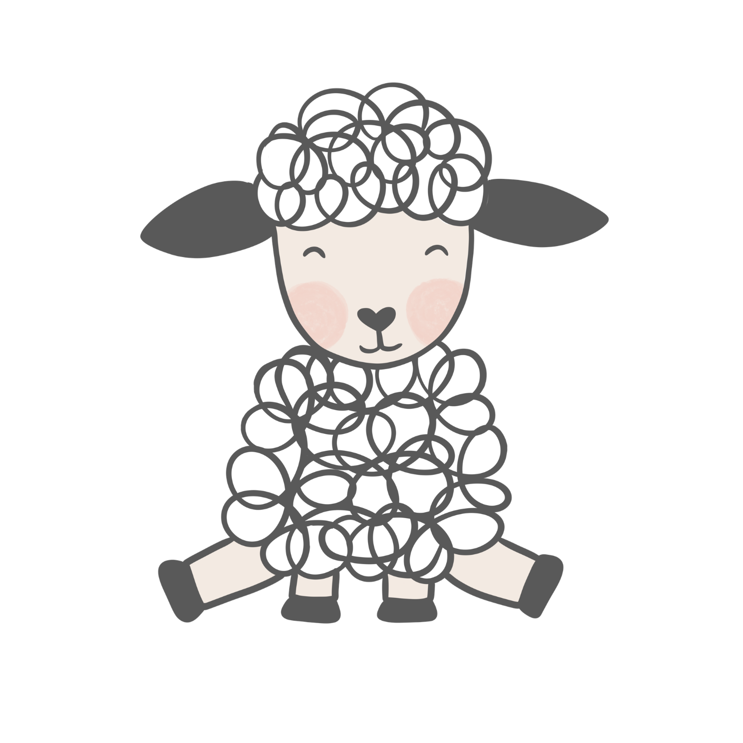 Cute illustration of a sheep with curly wool, smiling face with blush cheeks, and sitting with legs spread out.