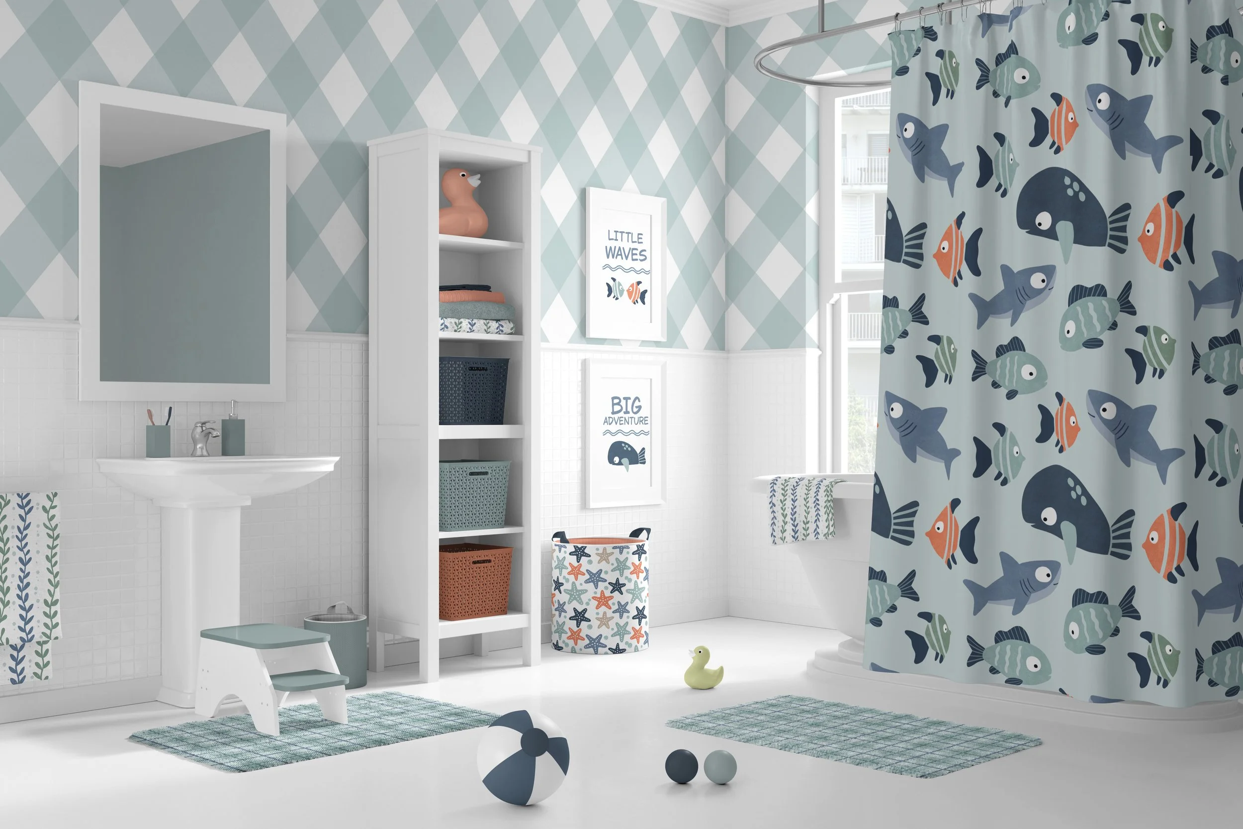 Beach-themed bathroom with fish-patterned shower curtain, white vanity, floating shelf with pink duck decor, framed ocean-inspired artwork, and toys on the floor, including a duck and a ball, in a bright space with diamond-patterned wallpaper.