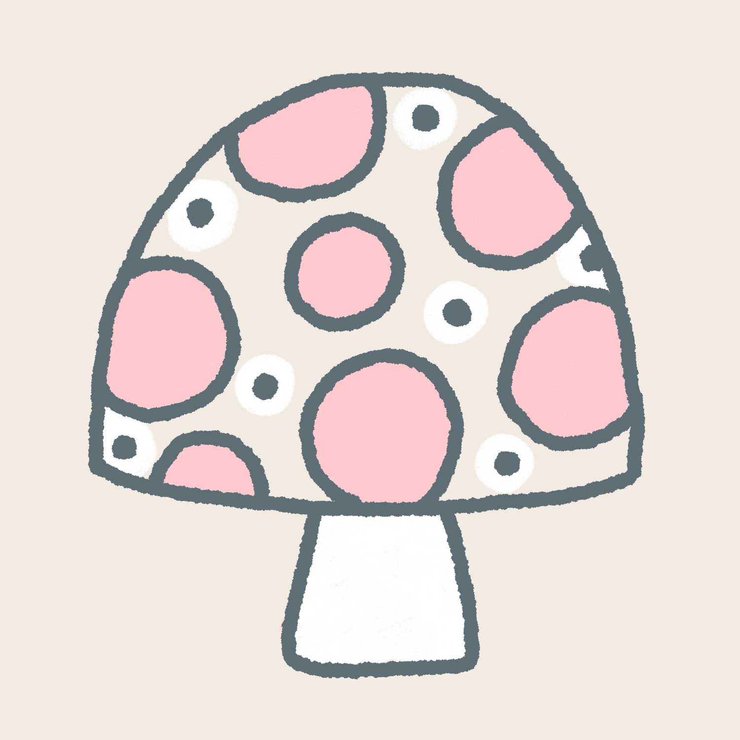 A stylized drawing of a mushroom with a gray outline, pink spots, white circles, and a white stem, set against a beige background.