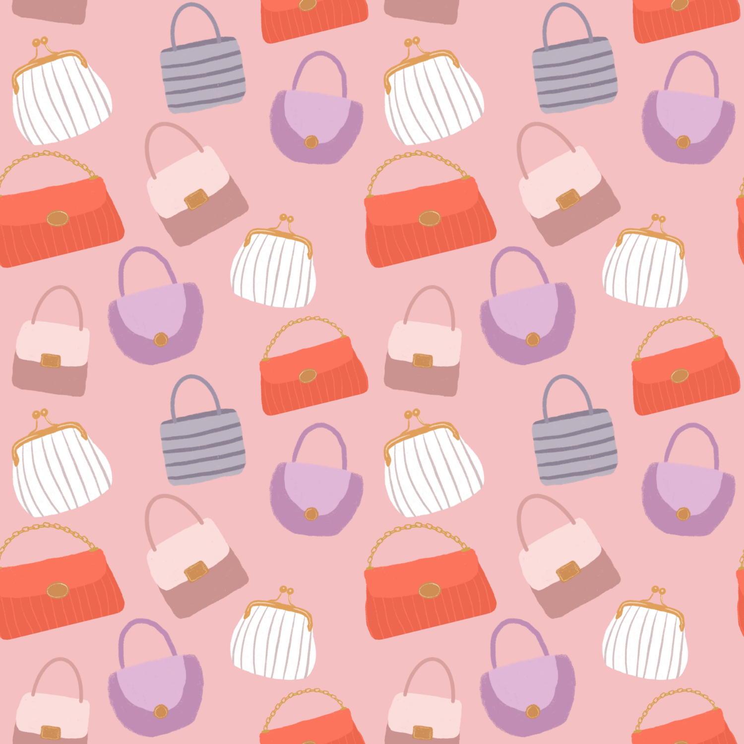 Pattern of various handbags in pastel colors on a pink background.