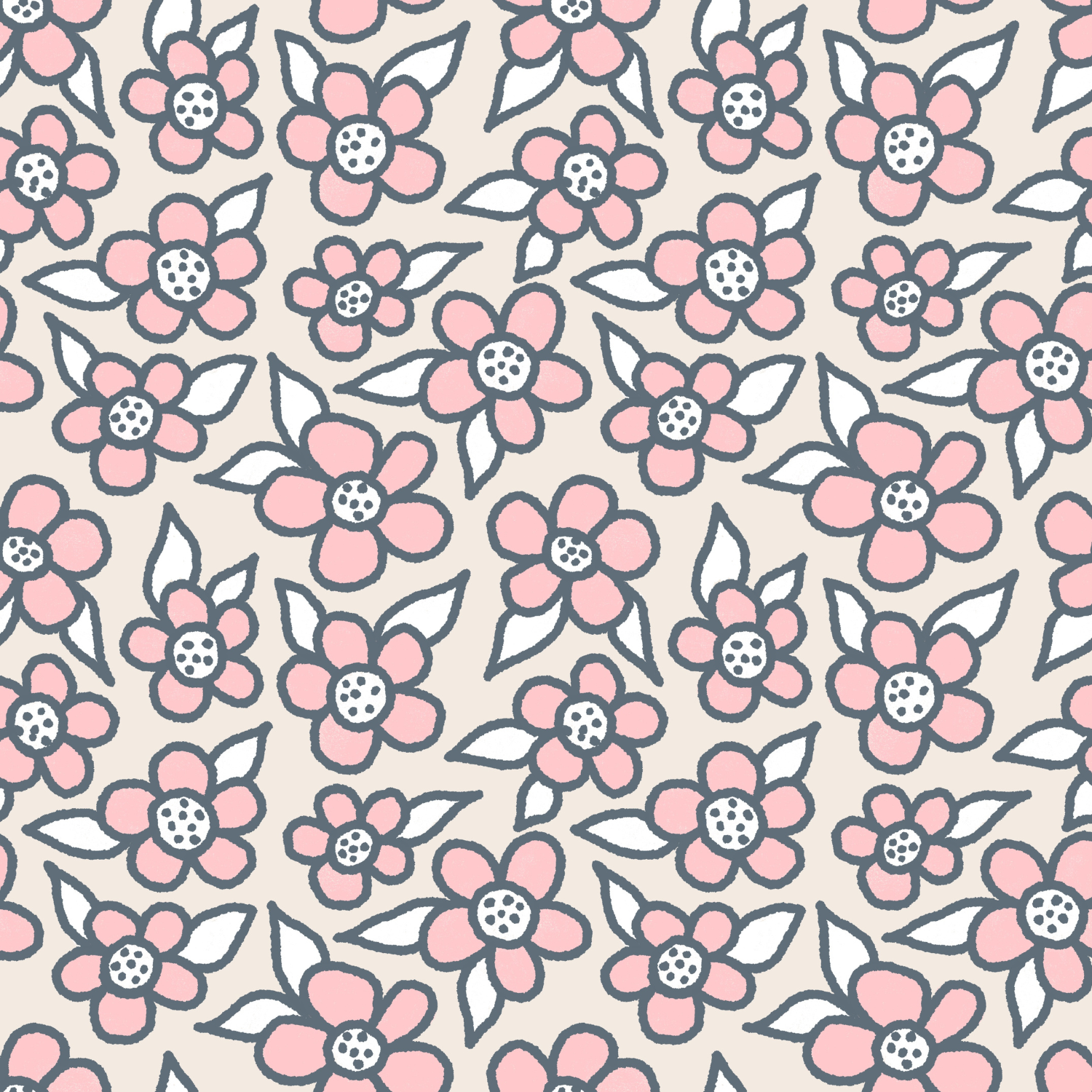 Pattern of pink flowers with black outlines and white centers, and green leaves on a beige background.