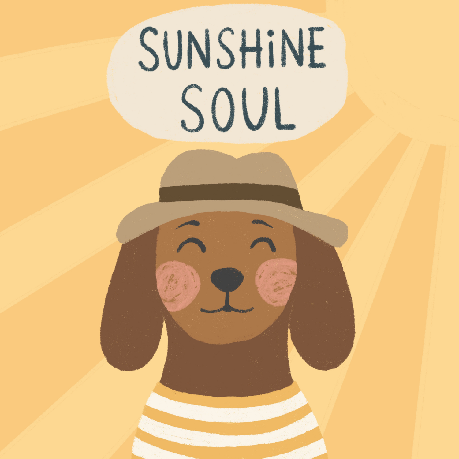 A cute illustration of a dog with long ears, wearing a striped shirt and a hat, with a speech bubble that says 'Sunshine Soul', against a yellow background with rays of sunlight.