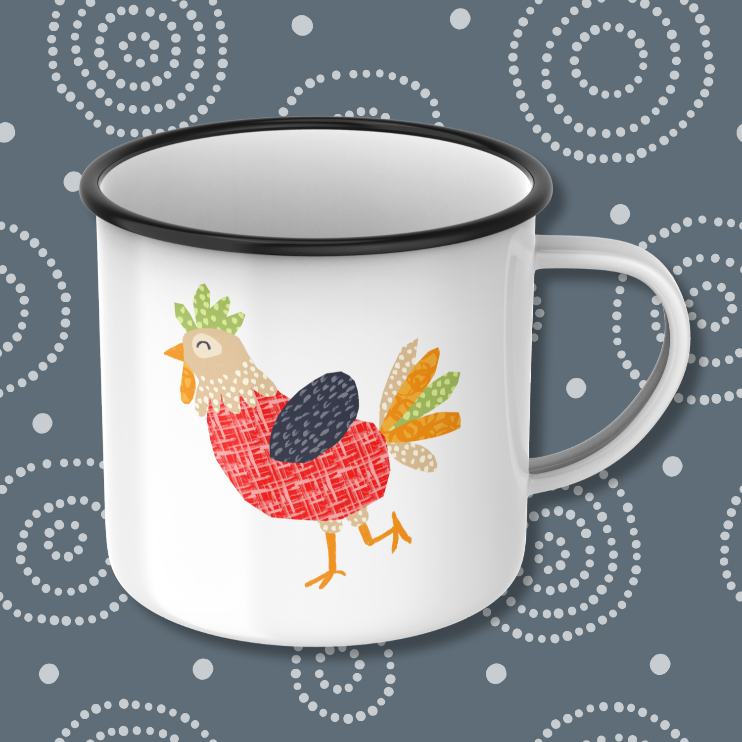 White enamel mug with a black rim, featuring a colorful illustration of a rooster with patterned feathers and a red body, against a dark gray background with white dotted spiral patterns.