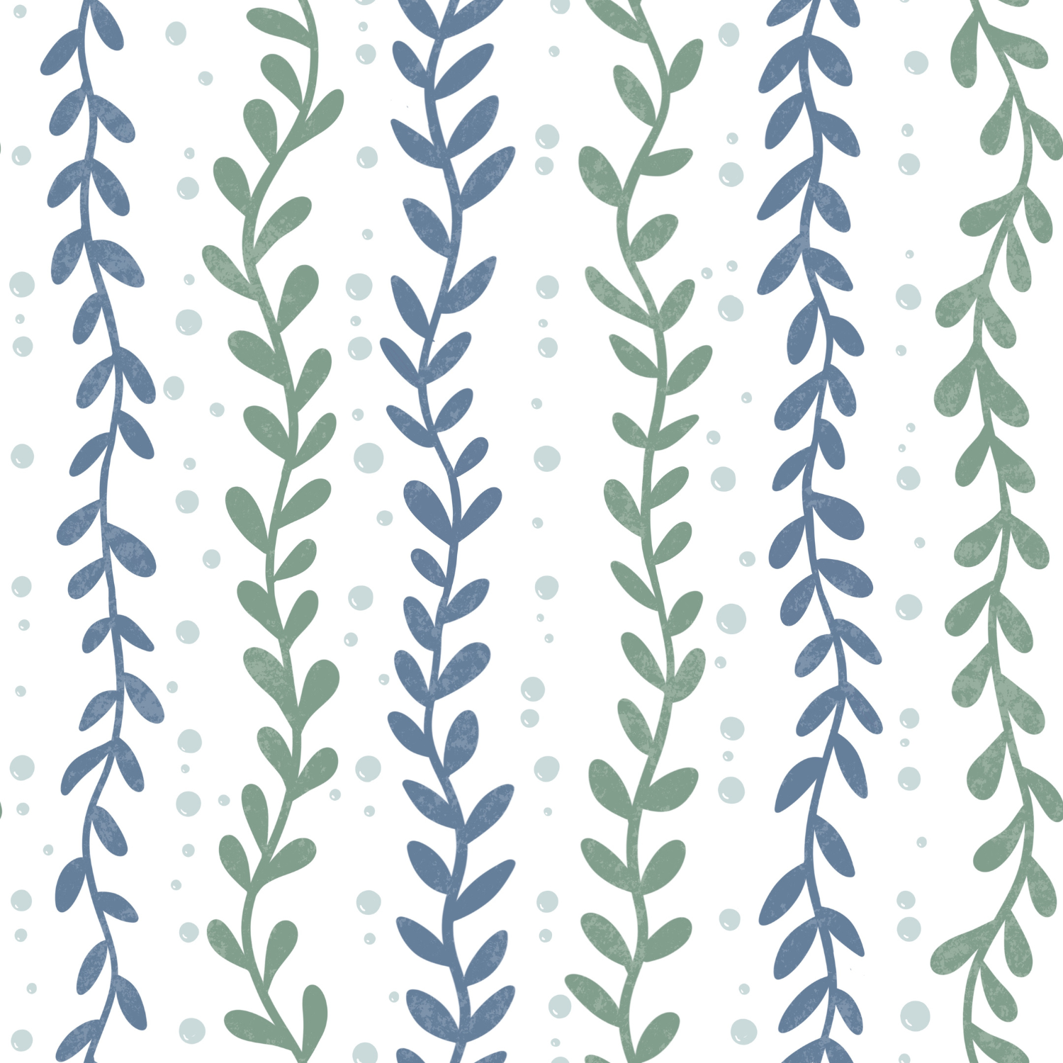 Pattern of alternating green and blue leafy vines with small light blue circles scattered on a white background.