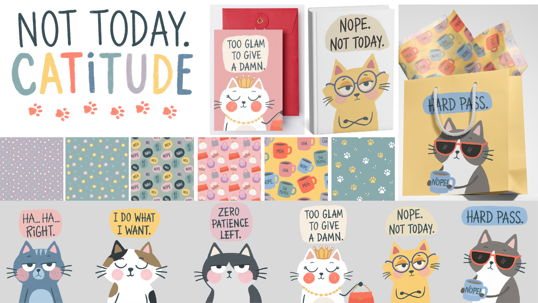 Collection of illustrated notebooks, gift bag, and greeting cards featuring cats with humorous phrases and playful patterns, displayed against a light background.