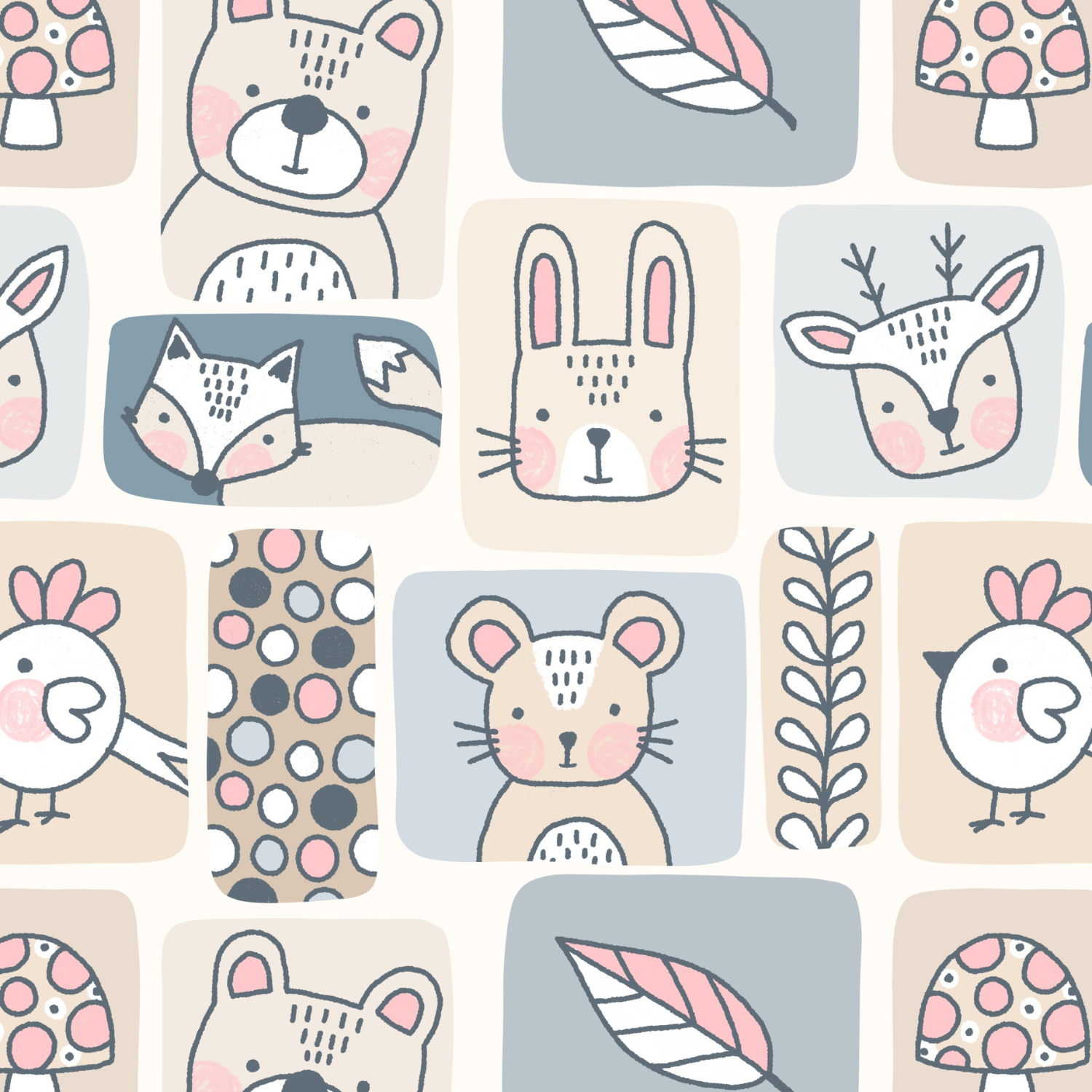Pattern featuring cartoon animals including a bear, rabbit, mouse, and deer, along with leaves, rocks, and mushrooms in pastel colors.