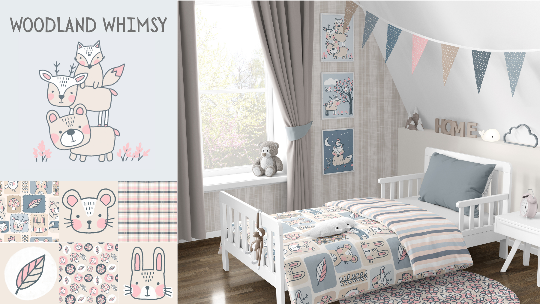 A child's bedroom with woodland animal-themed decor. The wall features framed illustrations of forest animals, and the bedspread has bear, fox, and hare illustrations. Blue and pink bunting hangs across the room, and plush toys, including a teddy bear, sit on the window sill. The room has a soft, neutral color palette with accents of pink and blue.