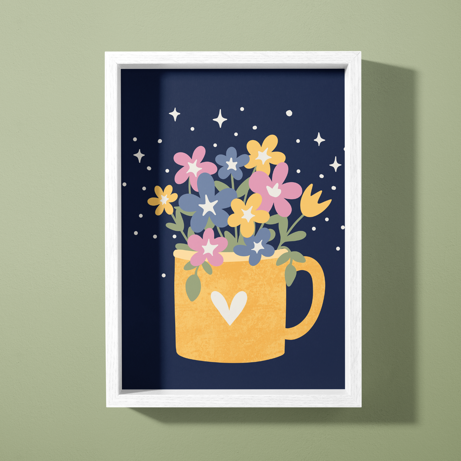 Poster of a yellow mug filled with colorful flowers on a dark blue background.