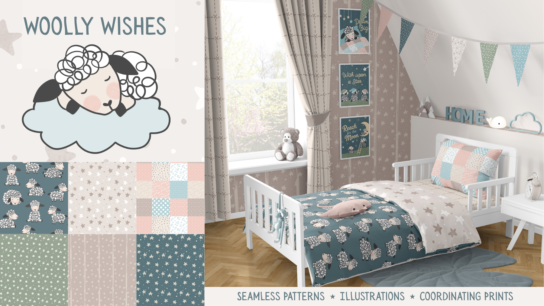 A coordinating nursery bedroom decor featuring woodland-themed patterns, including sheep, stars, and moon motifs, with pastel color schemes of blue, beige, and light pink, complemented by bunting and plush toys.