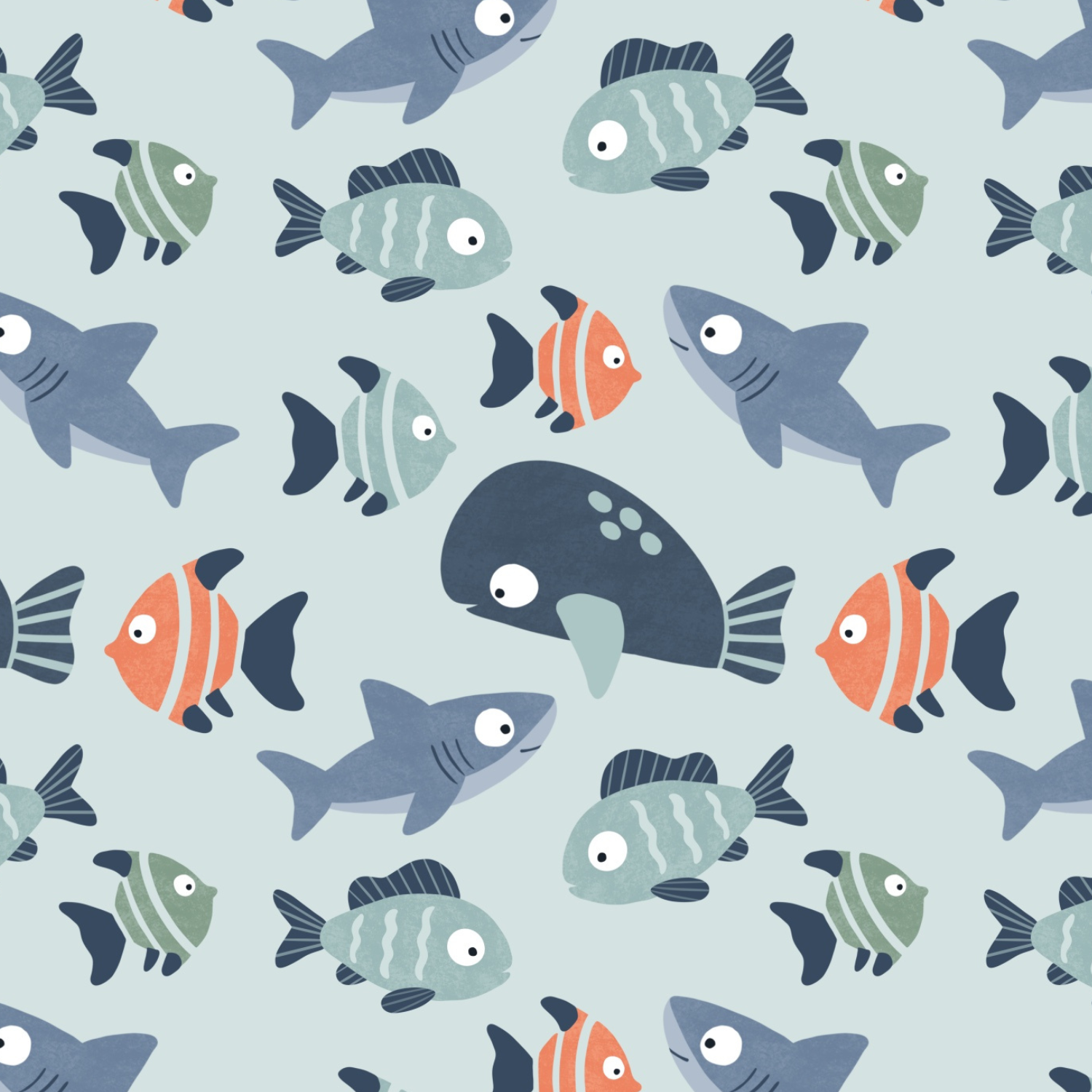 Pattern of various cartoon fish and sharks swimming in different directions on a light blue background.